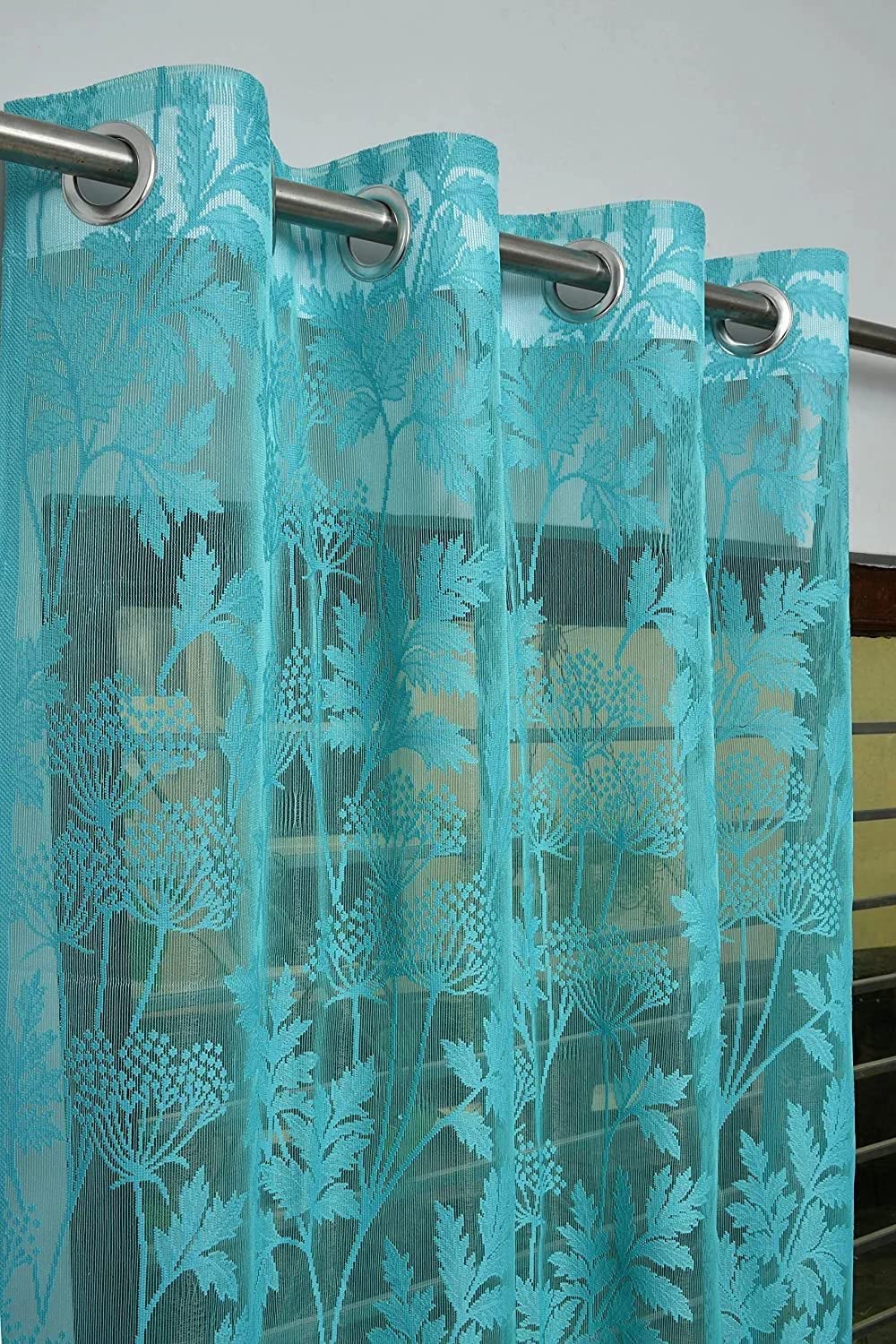 7Ft Door Curtain Set Of 2 | Heavy Tissue Net Floral Semi Transparent Sheer Parda For Home Living/Drawing And Bedroom, 4 X 7 Feet Door, Aqua Net Grommet Curtains , Pack Of 2 Pcs, Jhaad