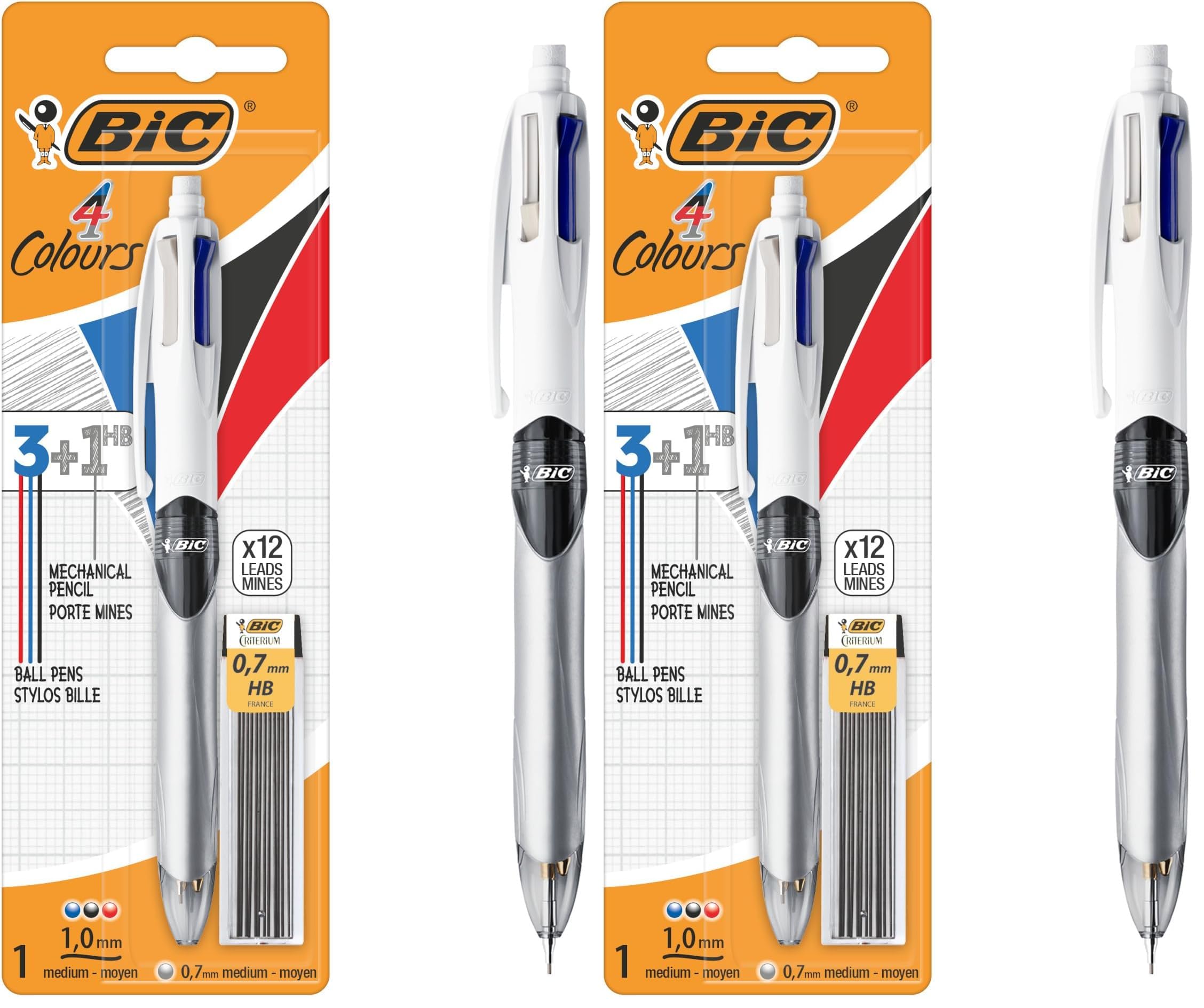 BIC 4 Colors Medium Point Pen (1.0mm) Multifunction 3+1HB with 12 0.7mm Refill Leads - Assorted Colors - Great for Professionals (2 Pack)