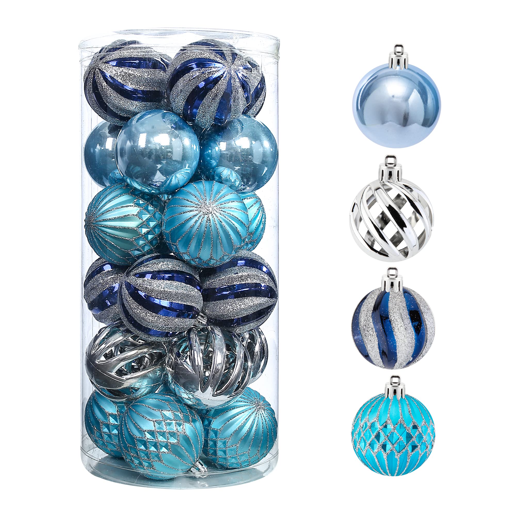 Yimiyaa 24pcs 2.36" Christmas Balls Ornaments for Christmas Tree, Shatterproof Coloured Hanging Balls,Xmas Colorful Balls Decorations, Baubles Set with Hang Rope(Dark Blue & Light Blue & Silver)