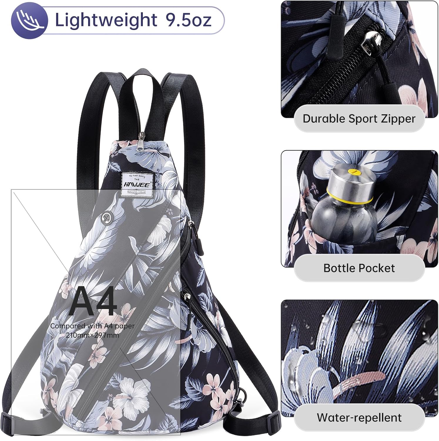 Women's Rope Sling Bag - Convertible Crossbody Chest Bag & Casual Daypack, Water-Resistant Backpack for Travel, Sport, Hiking, Hawaii Flower