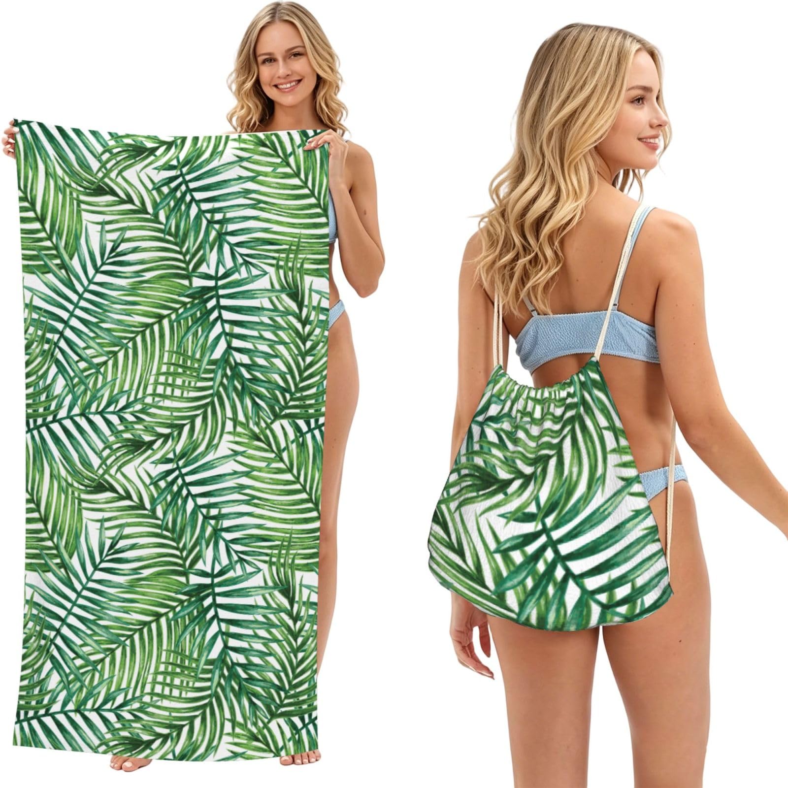 Poadnly As Picture Tropical Palm Tree Leaves Printed, 2 In 1 Packable Towel Bag, Beach Towels With Drawstring Backpack For Travel Holiday Camping