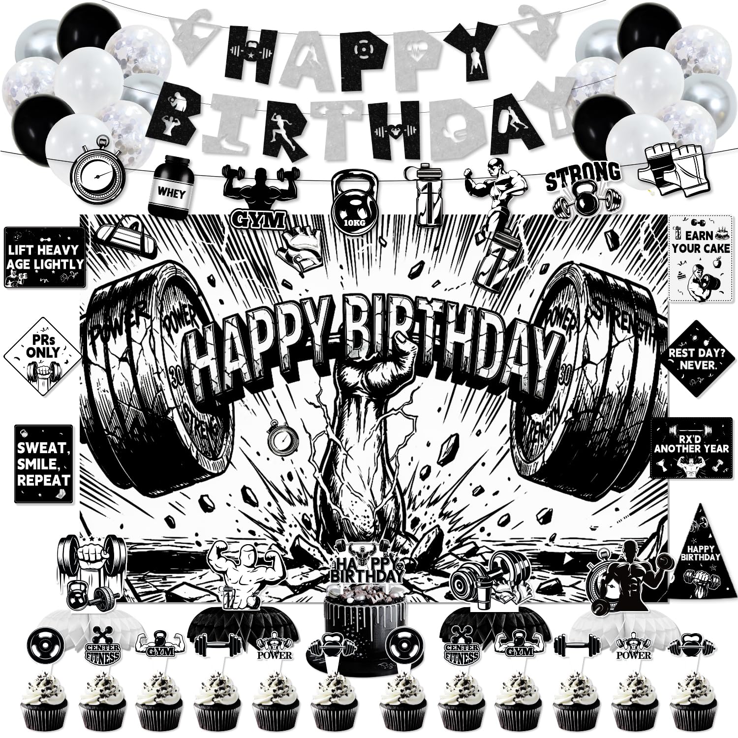 Photo 1 of Mpanwen Gym Birthday Decorations, Fitness Gym Weightlifting Birthday Party Decor Supplies for Men - Backdrop, Banners, Balloons, Cake Toppers, Centerpieces, Hat, Wall Signs