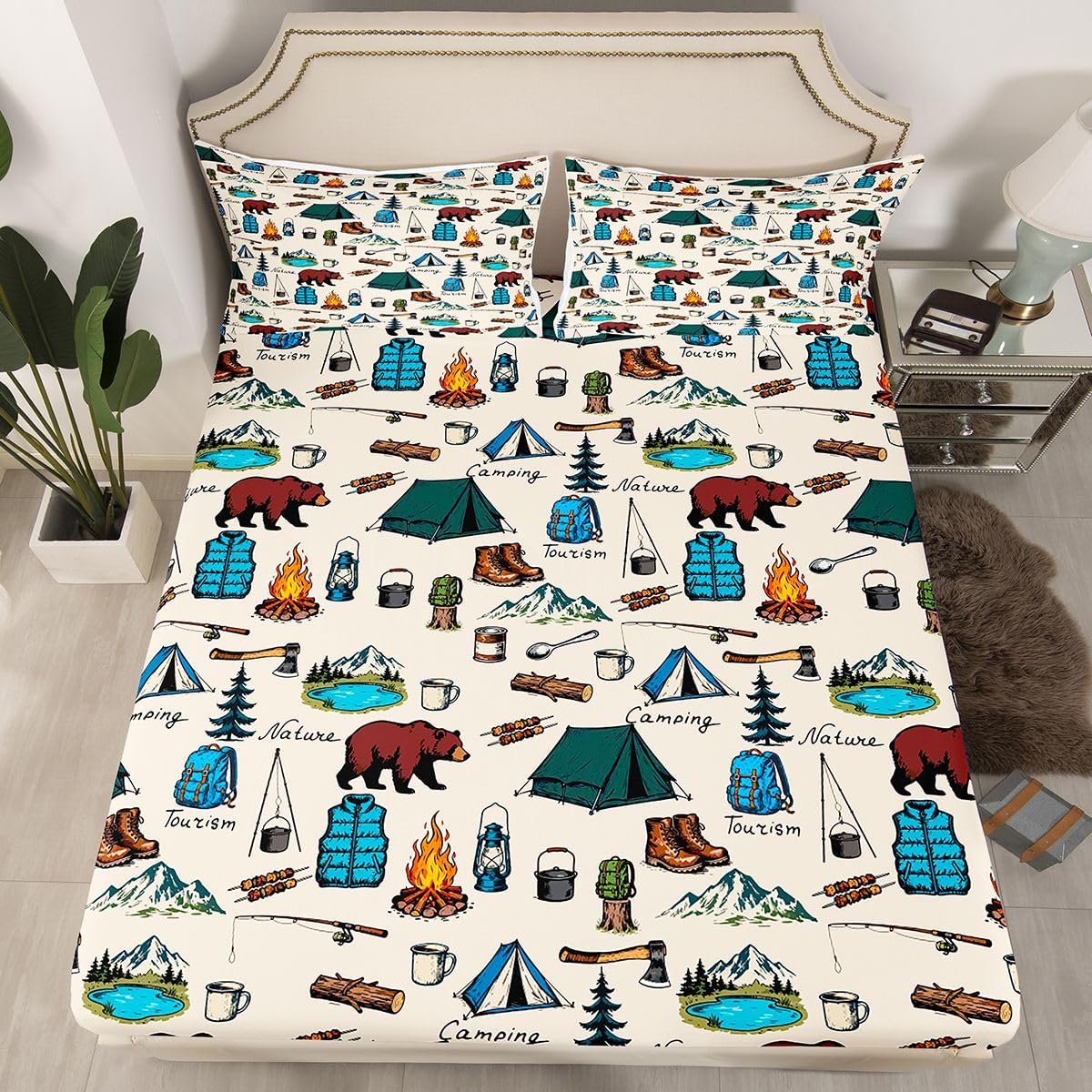 Erosebridal Fitted Sheet & Pillowcase Set, Full Size, Cottage Style, Multi 22, Camping RV Pattern, 3 Count, Polyester, Machine Wash