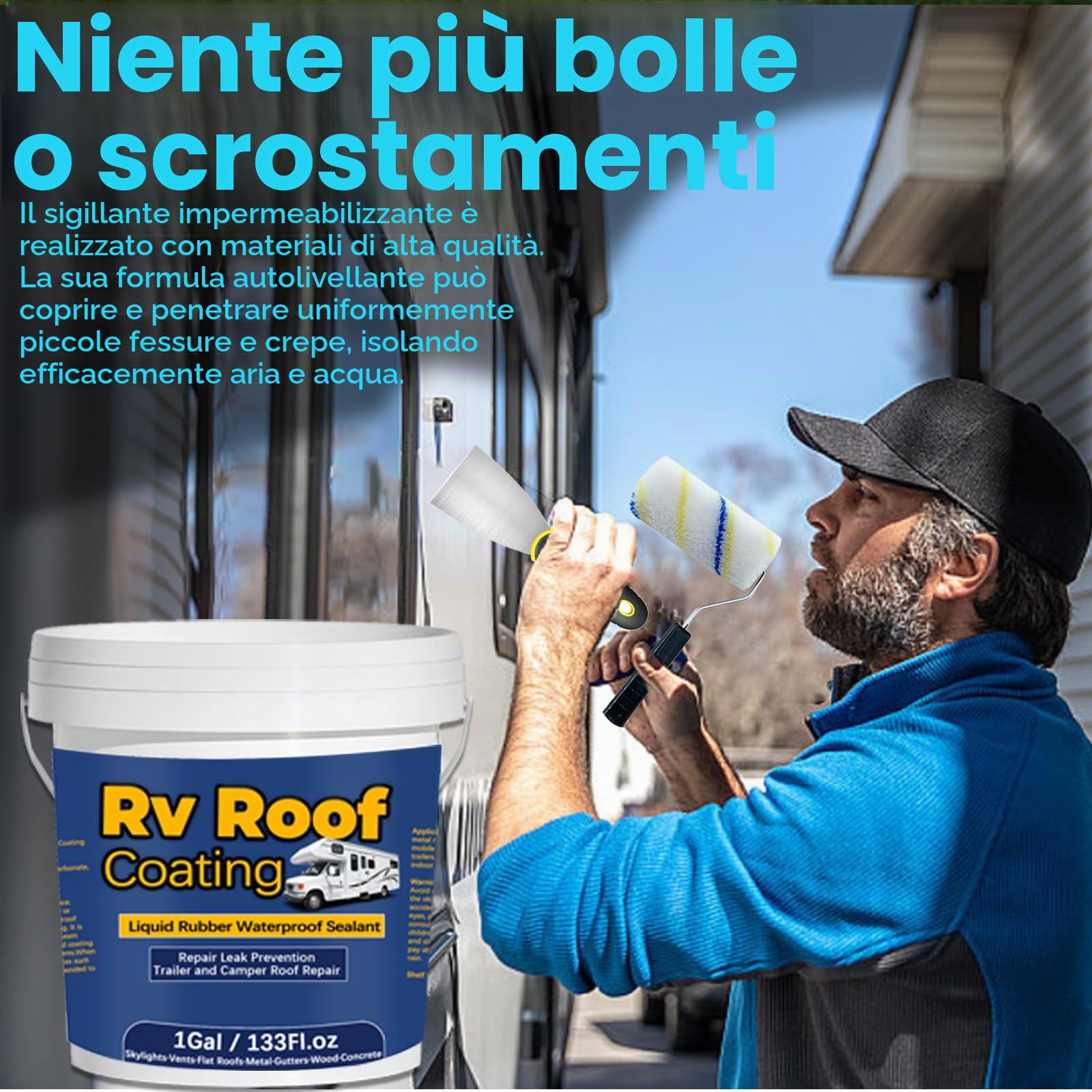 1Gal/133Fl.oz Bianco Impermeabile Sigillante Gomma Liquida Rv Rivestimento Tetto Camper Riparazione Solare Riflettente Spazzola di Legno Putty Coltello Nitrile Guanti Rullo Drywall Riparazione Nastro