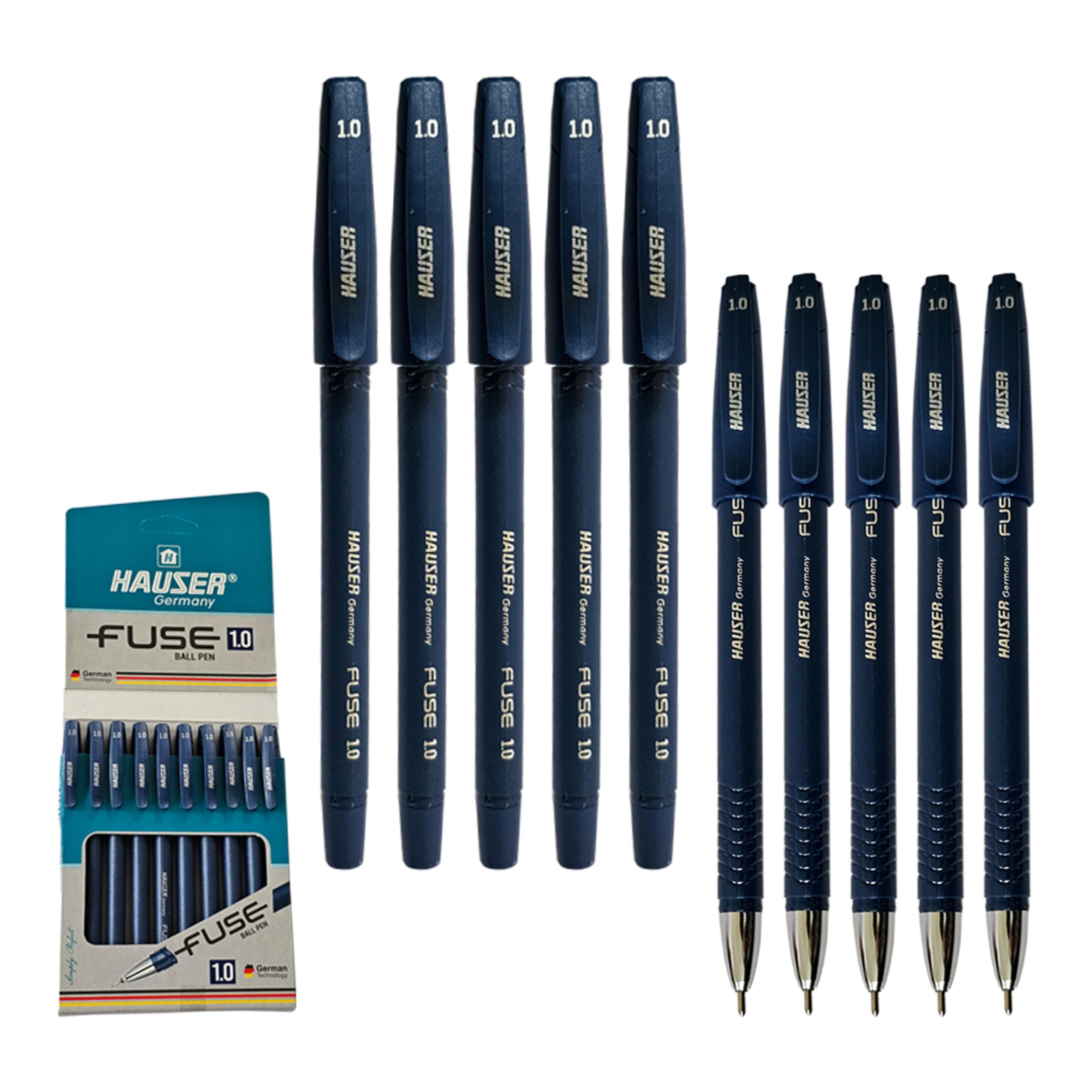 FUSE Ballpoint Pens, BLUE, Medium Point (1.0mm), Pack of 10, Smooth Ball Pens, Comfort Grip, Perfect for School Office Home Use, iZOFAX Black Ball Pen