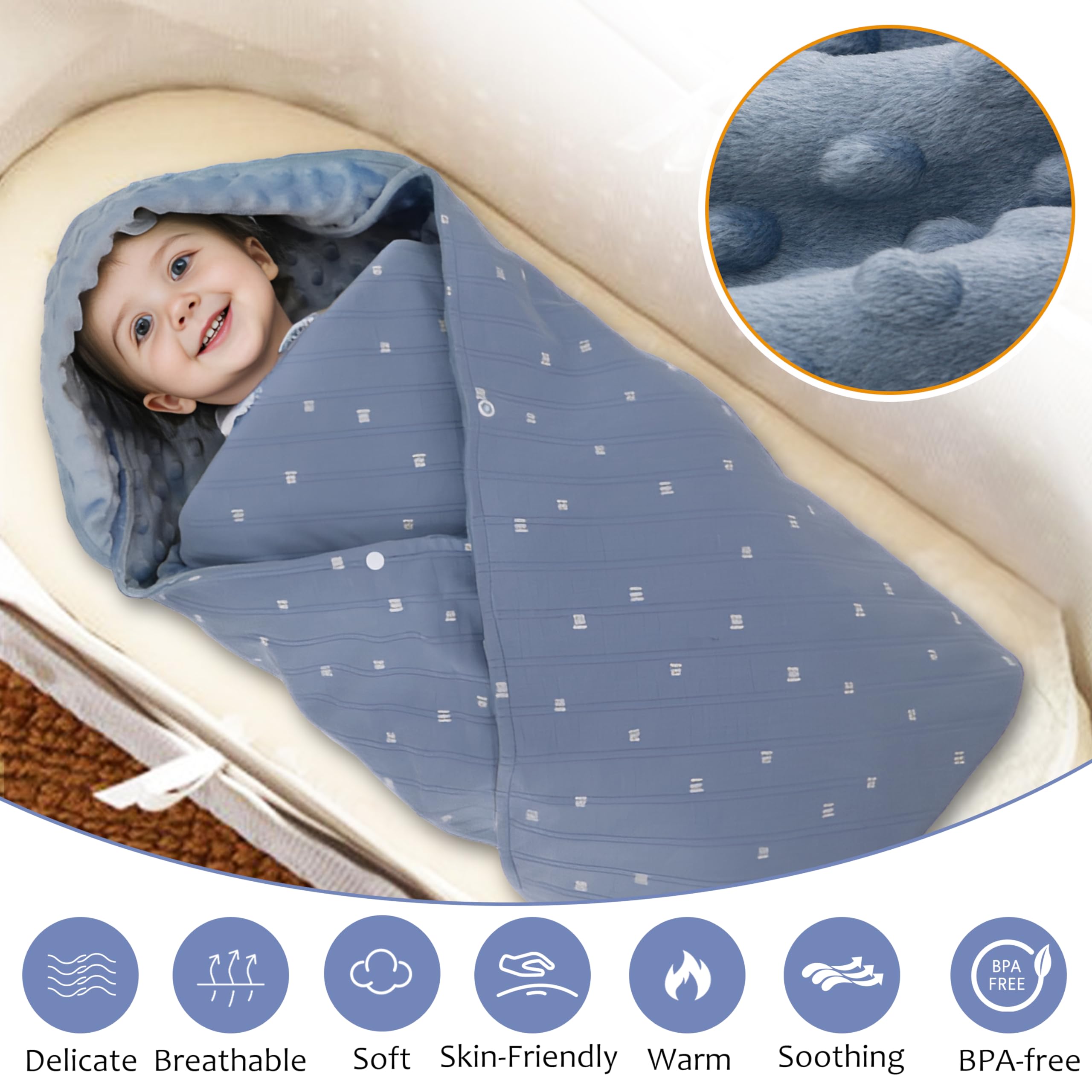 Coperta Avvolgente in 100% Cotone, 90*90cm Bifacciale Multifunzionale Copertina Accogliente con Cappuccio, Morbida Trapunta per Tutte le Stagioni, Adatto a Passeggino, Seggiolino, Unisex, Blu-grigio