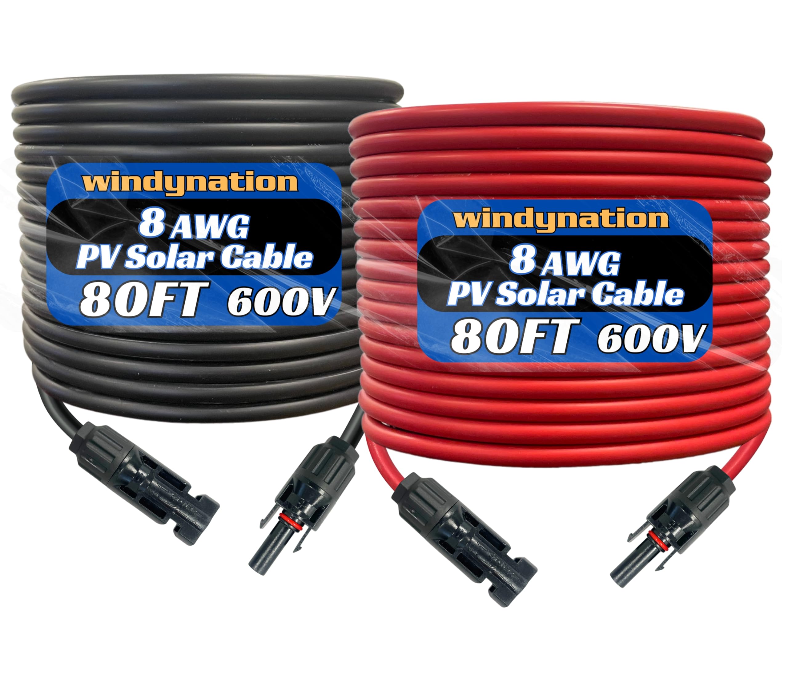 WindyNation 8 AWG 8 Gauge Pair 80 Feet Black + 80 Feet Red PV Photovoltaic Solar Panel Extension Cable Wire Solar Connectors (Variety of Lengths