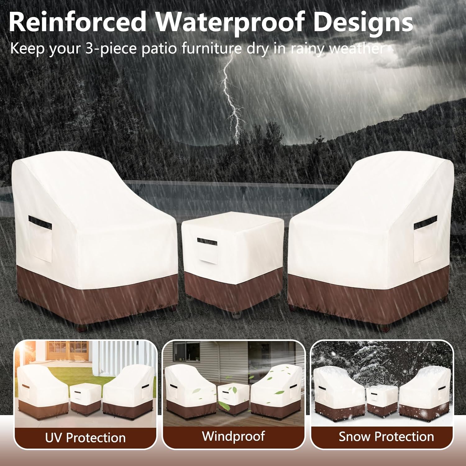Patio Furniture Covers for 3 Piece Outdoor Bistro Sets,100% Waterproof Outdoor Furniture Cover,Includes 2 Chairs and Coffee Table Cover,Beige & Brown