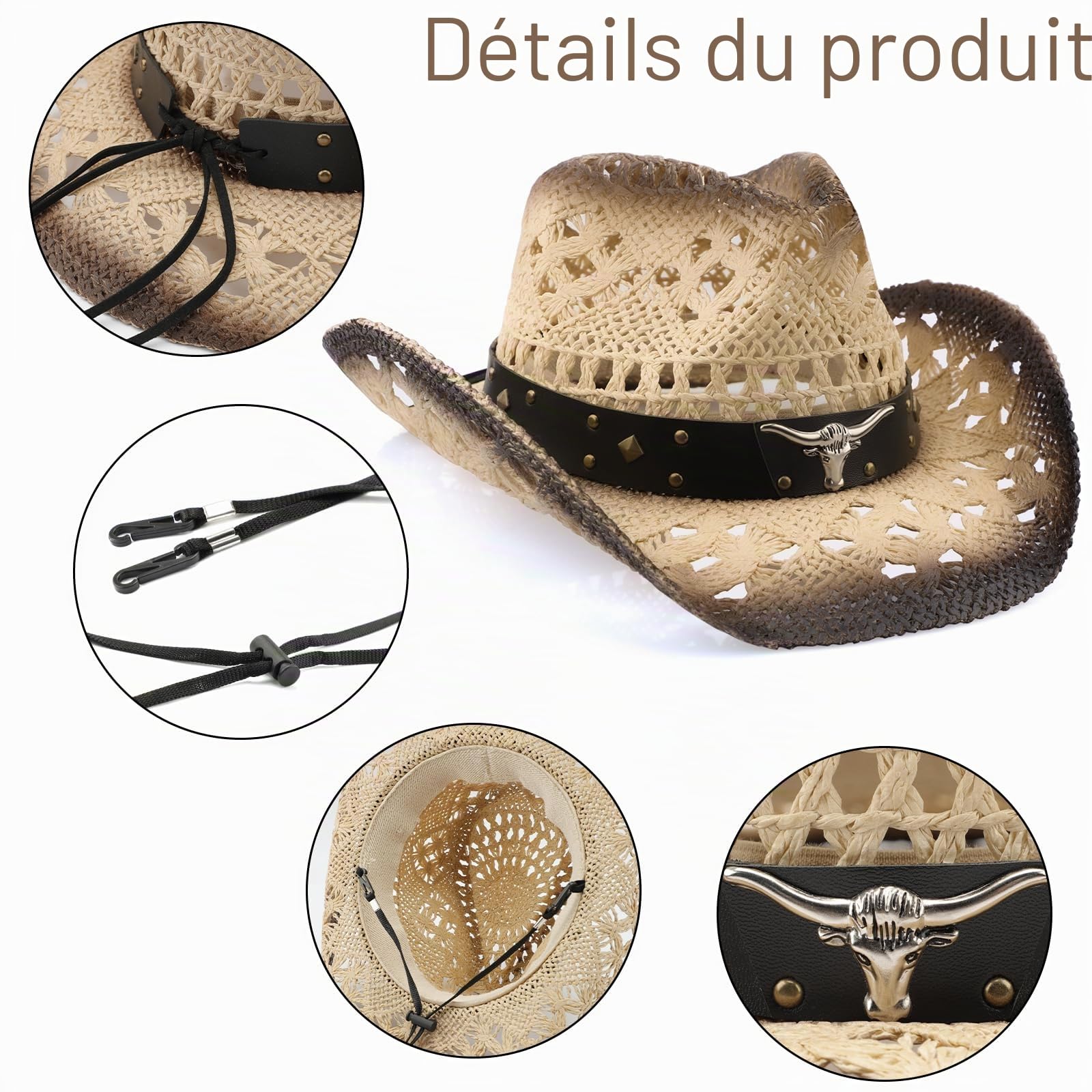 Chapeau de cowboy, chapeau de cowgirl en paille, chapeau de cowboy pour femme/homme, chapeau de cowboy à bord façonnable pour femme