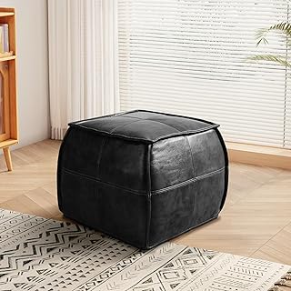 Leather Ottoman,Handmade Stuffed Square Ottoman,Genuine Leather Pouf, Fo...