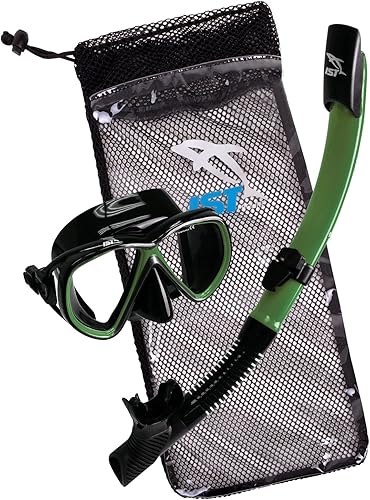 IST - Equipo de buceo de superficie: máscara, tubo de buceo semi seco, bolsa de viaje de malla. Tallas de adulto y niños silicona negra y