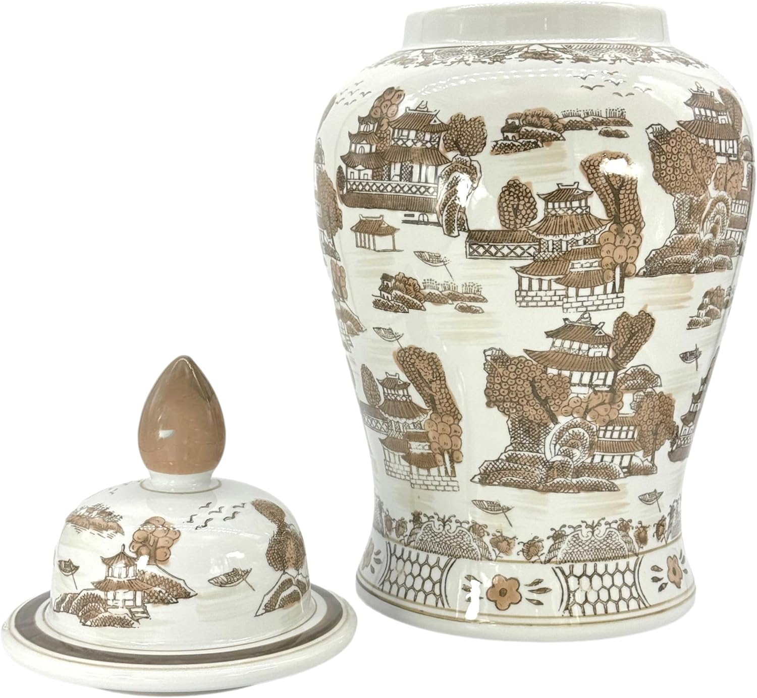 Galt International Large 25" Brown & White Classic Landscape Chinoiserie Ceramic Temple Jar w/Lid - Ginger Jar Home & Kitchen Decor for Interior Design - 25-inch