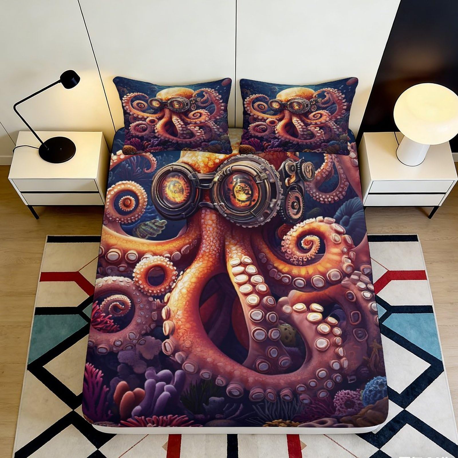 Uxinyoume Style-8 3D Printed Steampunk Octopus Fitted Sheet Microfiber Soft Breathable Nautical Tentacle Bed Cover For Bedroom Dorm Decor 90X200x25cm