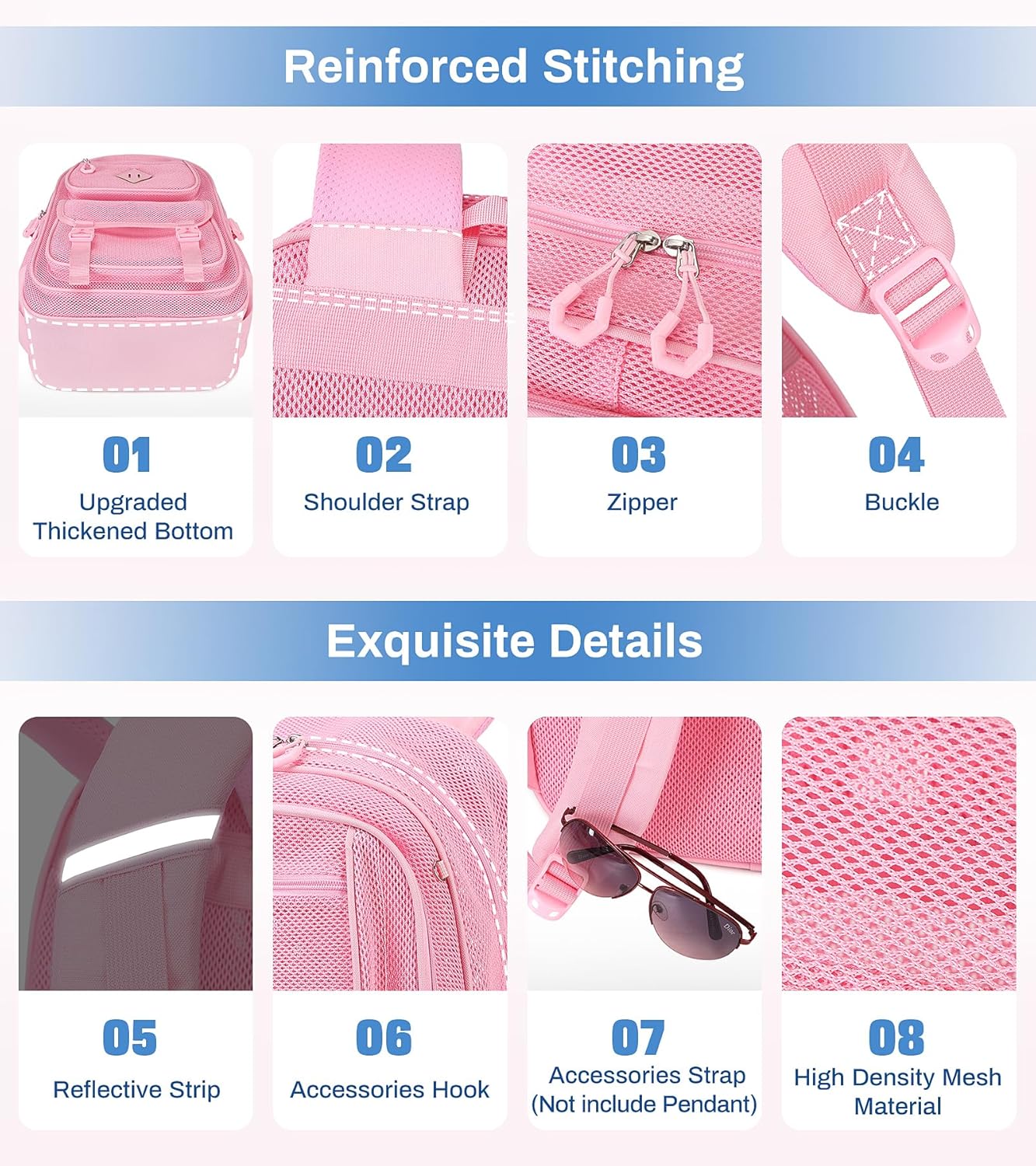 Mesh Backpack, 17in Heavy Duty See Through Backpack Ultra-Lightweight Net Bookbag Breathable Transparent Beach Backpacks for School Sports Gym, Pink - Image 4