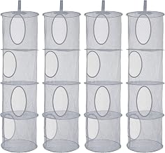 4 Pack Hanging Mesh Space Saver Bags, Foldable Hanging Storage Organizer with 4 Compartments, Toy Organizer Basket for Wardrobe, Bathroom and Kitchen (Gray)