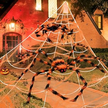 200" Halloween Spider Web 50" Giant Spider and 20 Spider Decorations Fake Spiders for Indoor Outdoor Halloween Decorations Yard Home Costumes Parties Haunted House DecorOrange