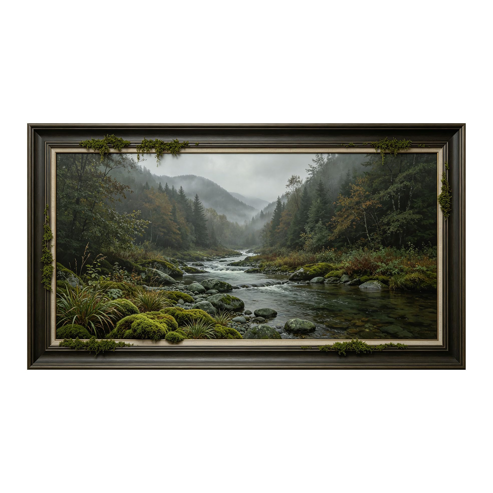 Yzpallescene 3D Framed Wall Art 50cm×100cm Misty River Mountain Forest Panoramic Watercolor Scenic View Large Size SelfAdhesive Removable Wall Decor Prints Artwork for Living Room Bedroom Office
