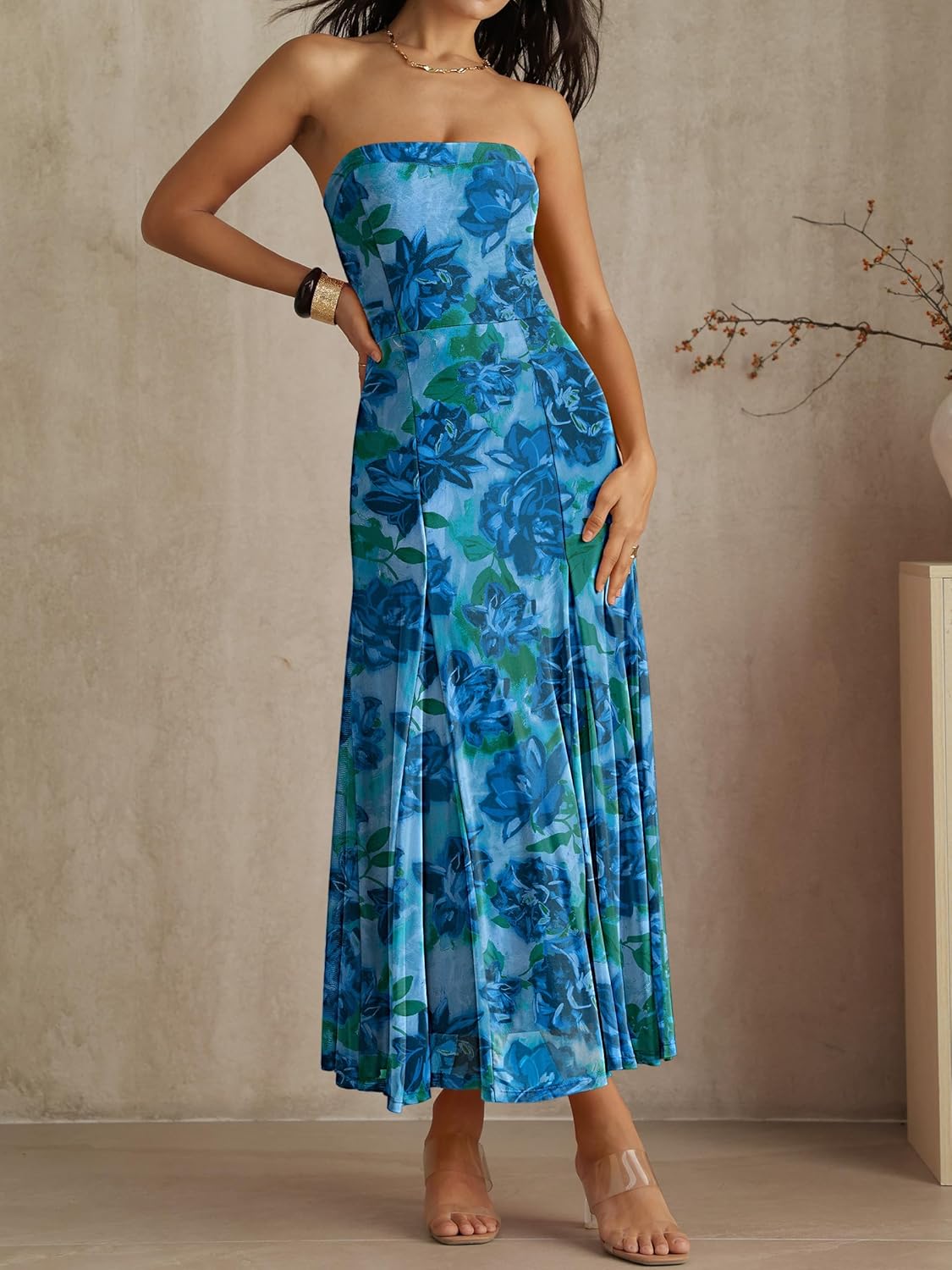 Caracilia Maxi Dresses for Women Formal Mesh Spaghetti Strap Cocktail Wedding Guest Party Floral Flowy Dress 2026 Summer - Image 6