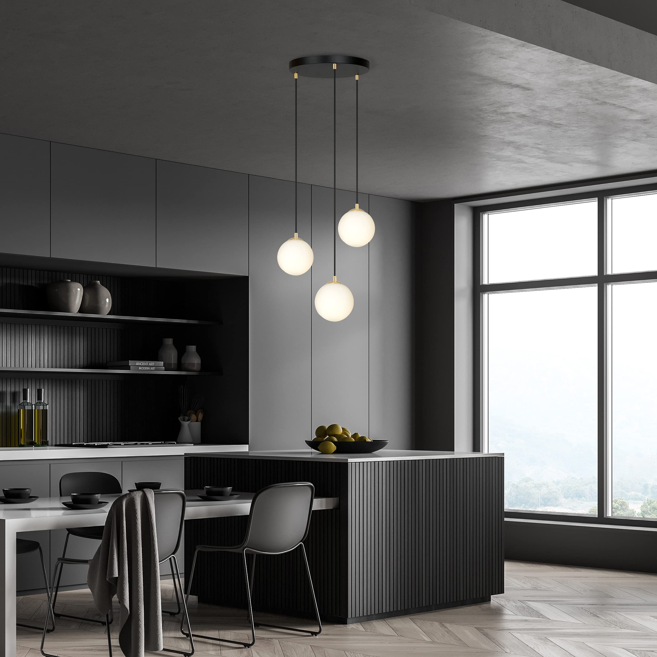 Suspensión Contemporánea Royal 3 Luces Acero Negro/Oro Bolas Cristal Blanco