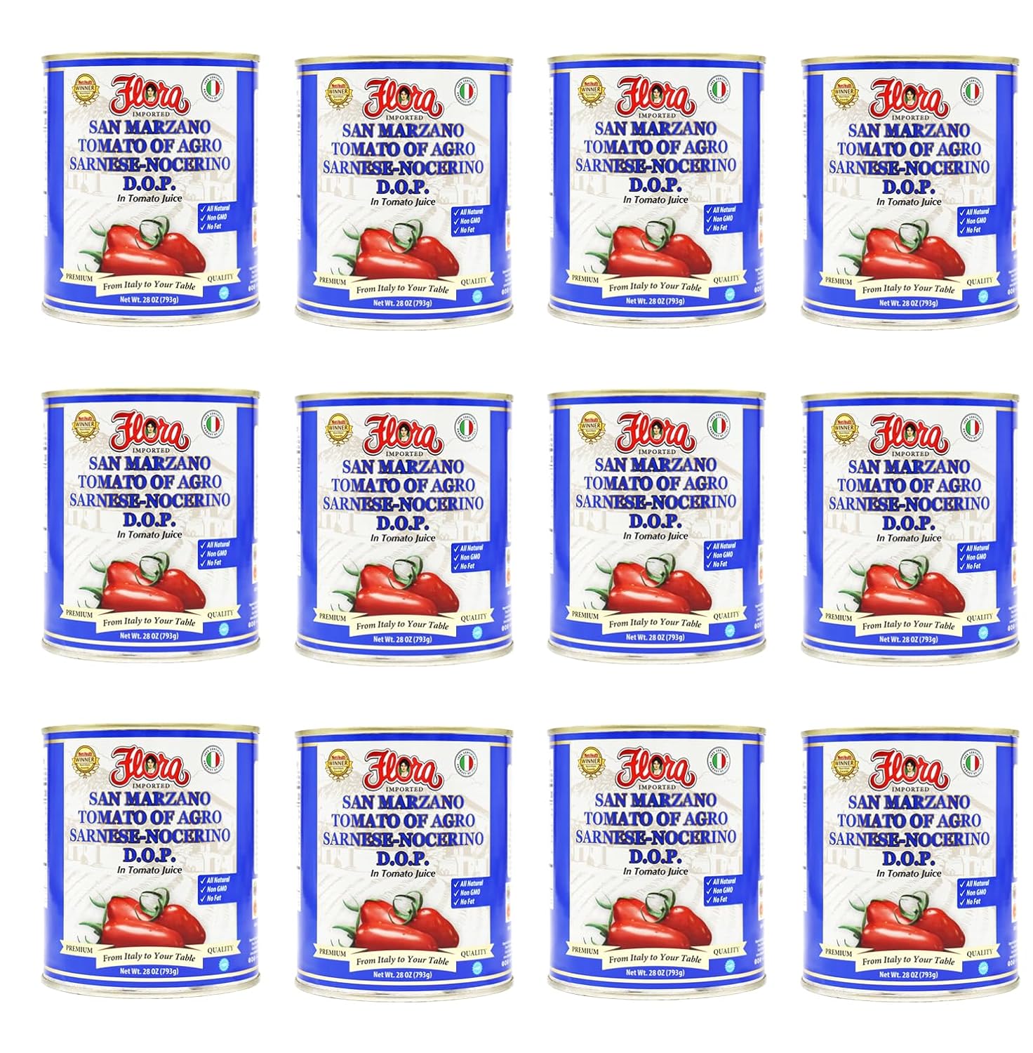 Flora Foods Tomatoes San Marzano DOP | 28 oz (793g) | Winner 100% Italian Quality | Imported, No Fat, Gluten Free, No Cholesterol (28oz - 12 Pack)