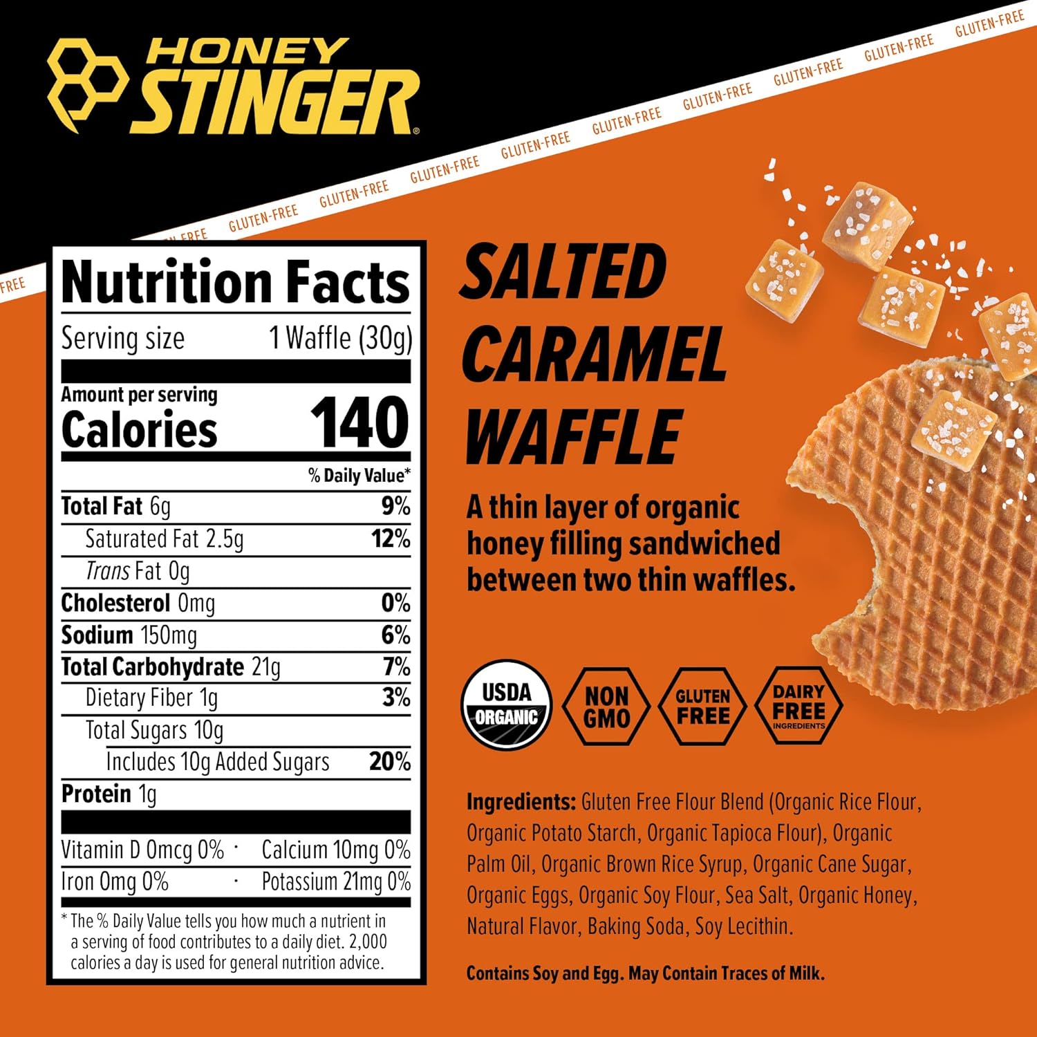 Honey Stinger Organic Gluten Free Salted Caramel Waffle | Energy Stroopwafel for Exercise, Endurance and Performance | Sports Nutrition for Home & Gym, Pre and Post Workout | Box of 6 Waffles, 6.36 Oz : Health & Household