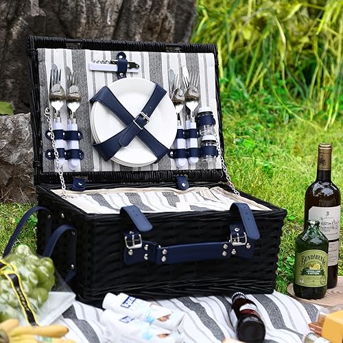 Miniatura 7 de HYBDAMAI Cesta de picnic de mimbre para 4 personas con manta de picnic impermeable y enfriador aislante, cesta de sauce para camping, al aire libre,