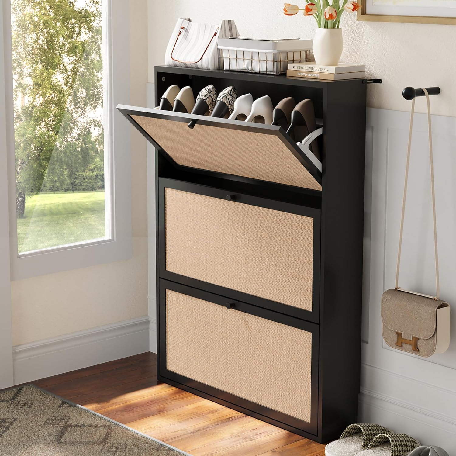Narrow Shoe Storage Cabinet, 31.5" Slim Shoe Organizer with 3 Flip Drawer, Modern Hidden Shoes Cabinet for Entryway, Non-Divider Drawer Wood Shoe Storage for Hallway, Living Room (Black)