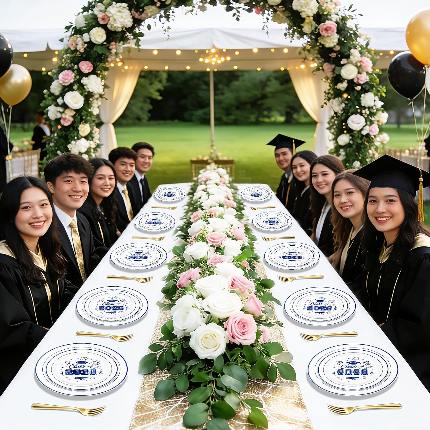 100 Pcs Graduation Plastic Plates,2026 Blue Graduation Disposable Plates for 50 Guests,50 Dinner Plates 10 inch & 50 Dessert Plates 7 inch for Party,Holiday