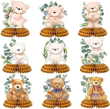 9 Pieces Bear Baby Shower Honeycomb Centerpieces Paper Bear Table Decorations Baby Shower Decorations Table Toppers for Birthday Party Favors Supplies, 9 Styles