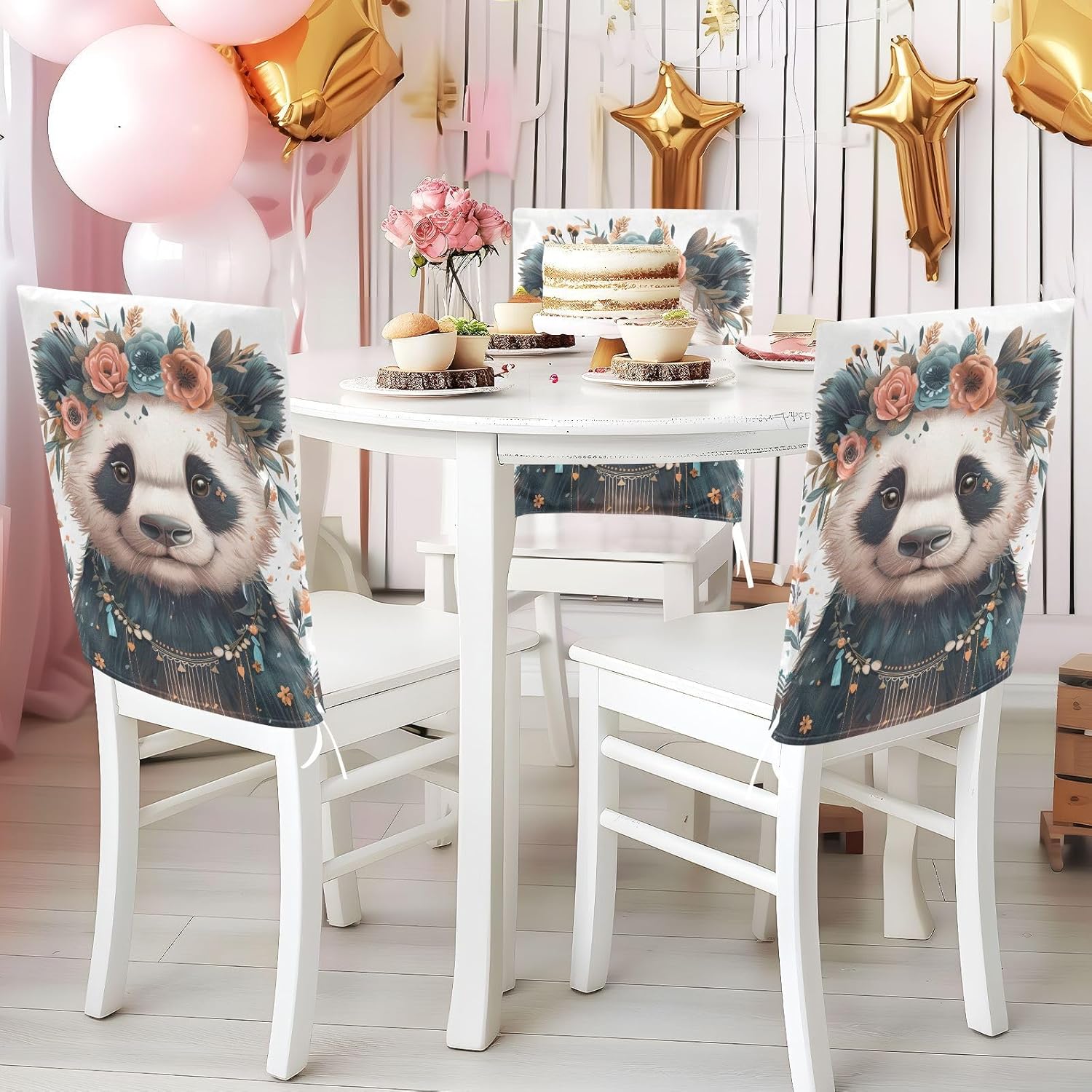 ALAZA Boho Cute Panda Chair Back Cover Set of 6, Washable Reusable Removable Chair Slipcovers Decorative Chair Cover for Home Kitchen Wedding Party