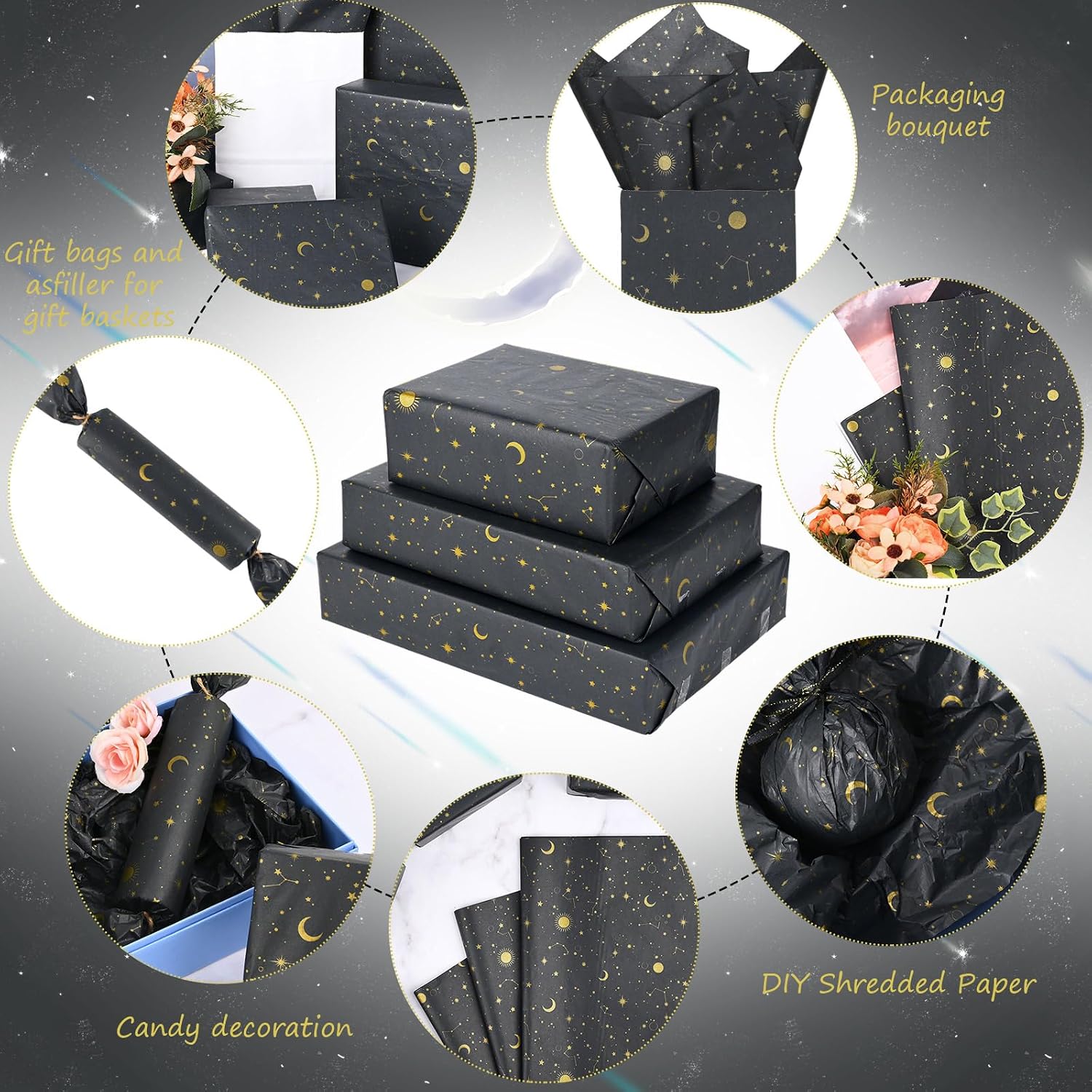 Bolsome 100 Sheets 20 * 14 Inches Galaxy Tissue Paper for Gift Wrapping, Black Gold Moon Star Printed Tissue Paper for Gift Bags for Birthday Christmas Baby Shower DIY Craft