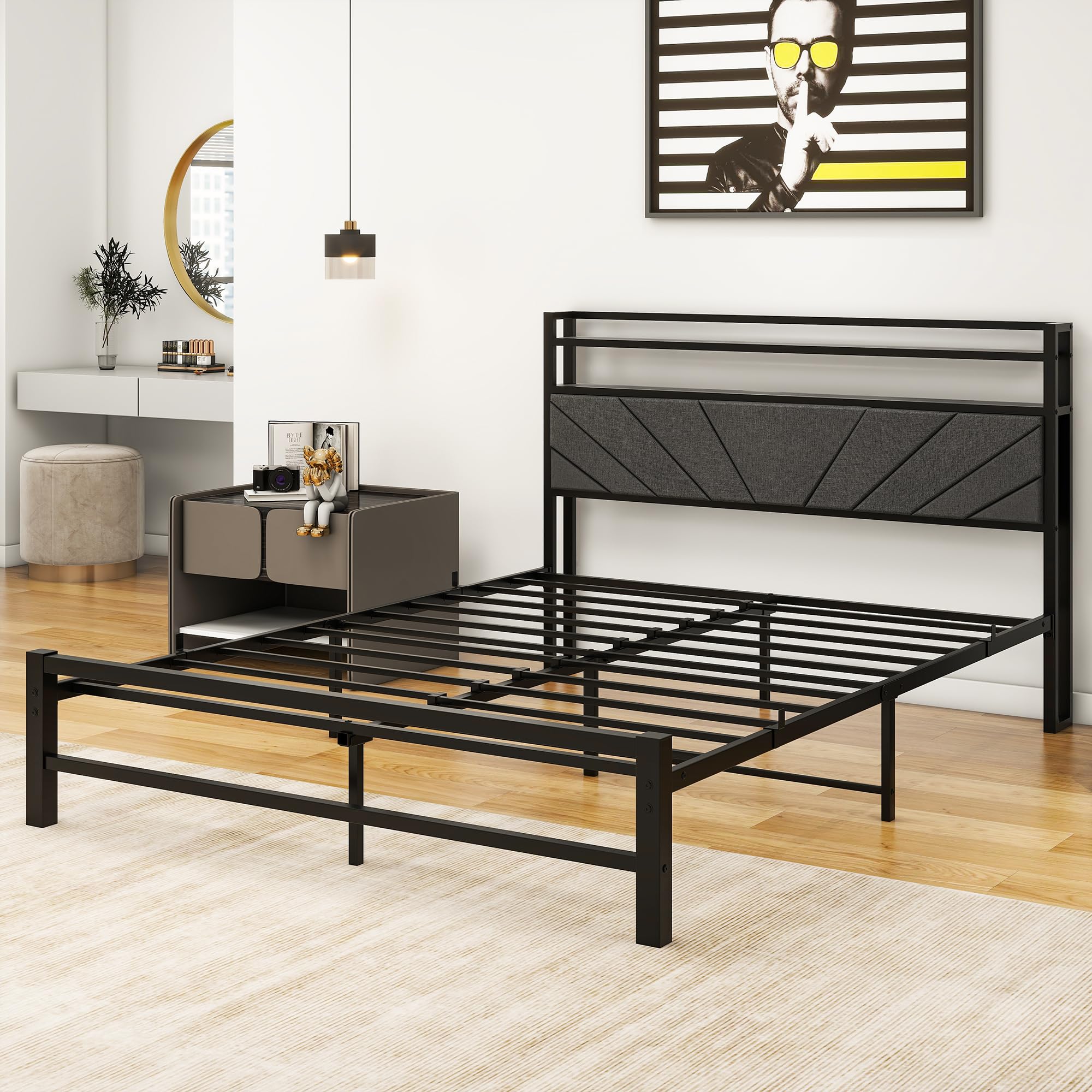 Polsterbett 140 x 200 cm Bettgestell Einzelbett Doppelbett Designbett mit Lattenrost Starke Stahllattenhalterung, Bettrahmen 140x200, Gepolstertes Bettgestell Jugendbett
