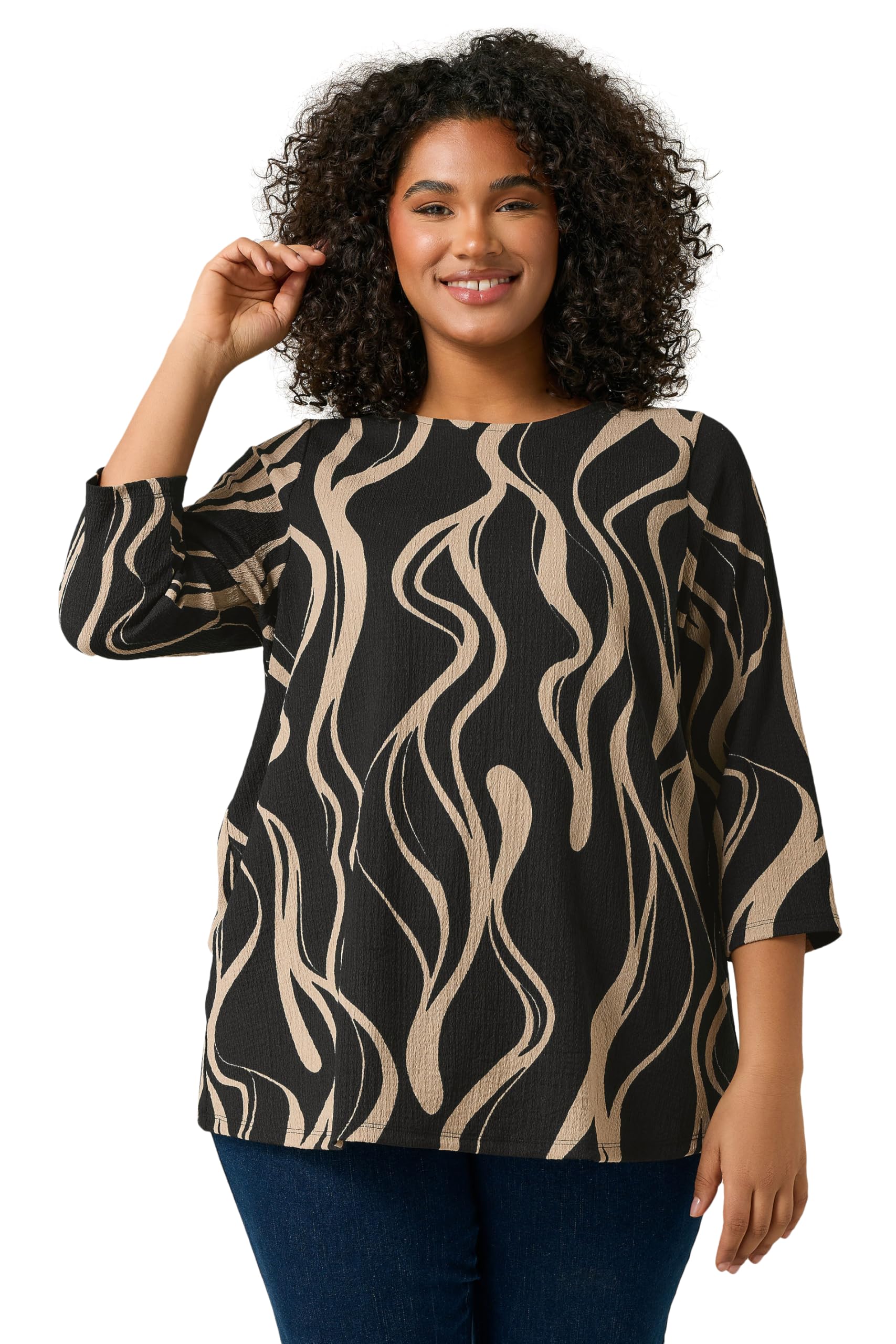 Evans Women's Black Curve Linear Print Jersey Crepe Top - Plus Size Curve