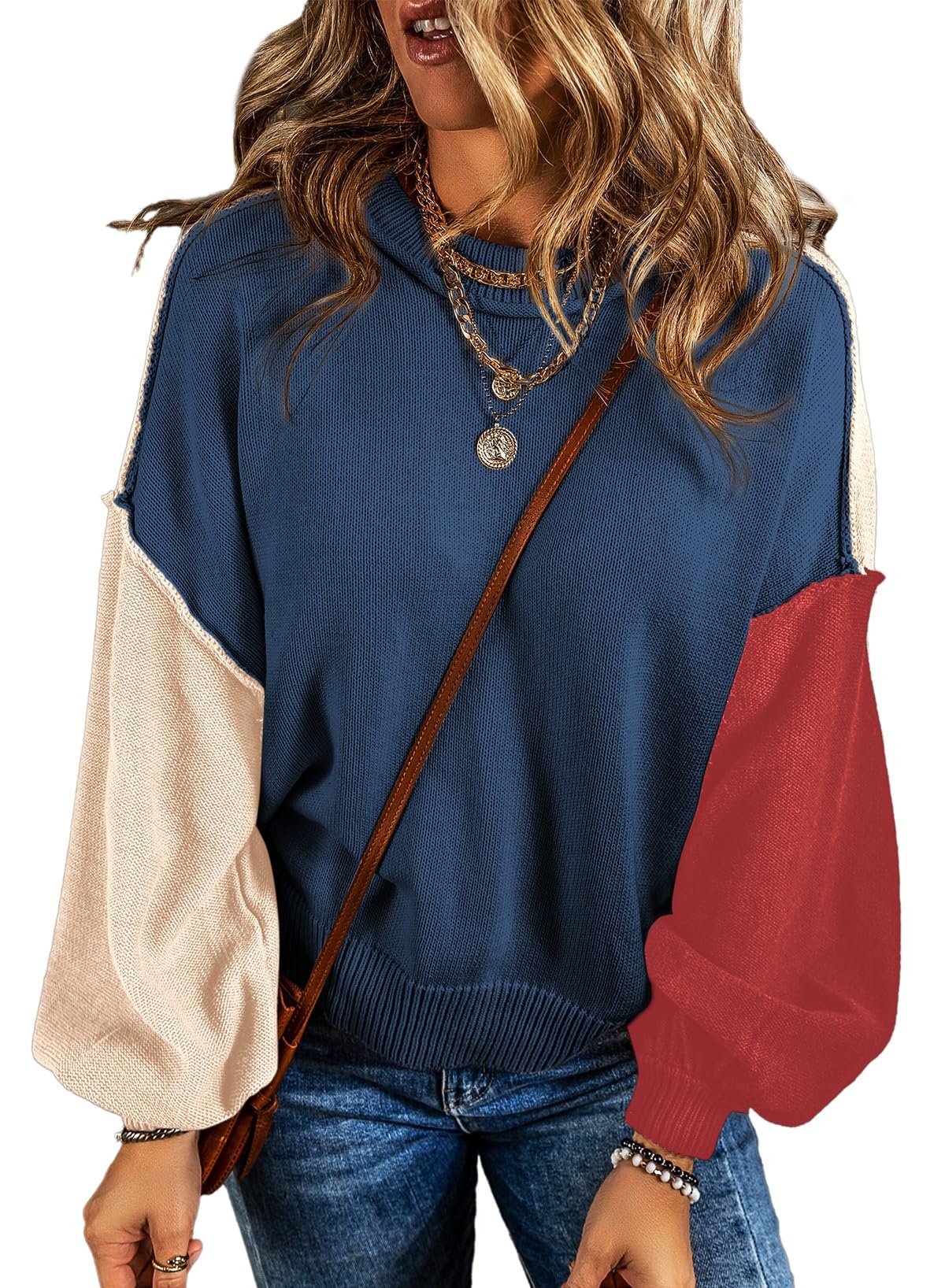 Dokotoo Women's Sweaters Colorblock Crewneck Cotton Long Sleeve Fall Winter Knit Pullover Jumper Tops