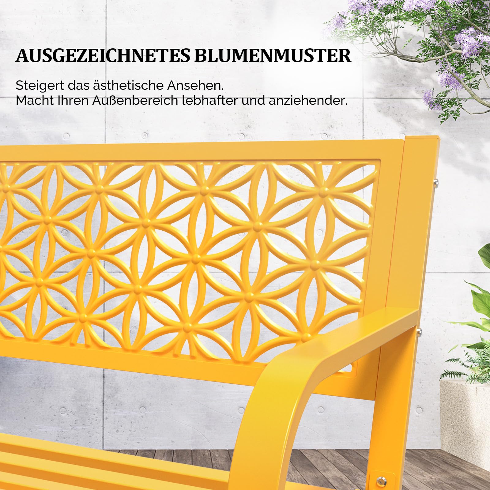 Bonnlo Gartenbank Metall Retro-Stil, wetterfeste Sitzbank für 2-3 Sitzer, Essbank mit Rückenlehne und floraler Armlehne, Gartenmöbel bis 360kg belastbar, Bänke für Garten Balkon Hof, Gelb