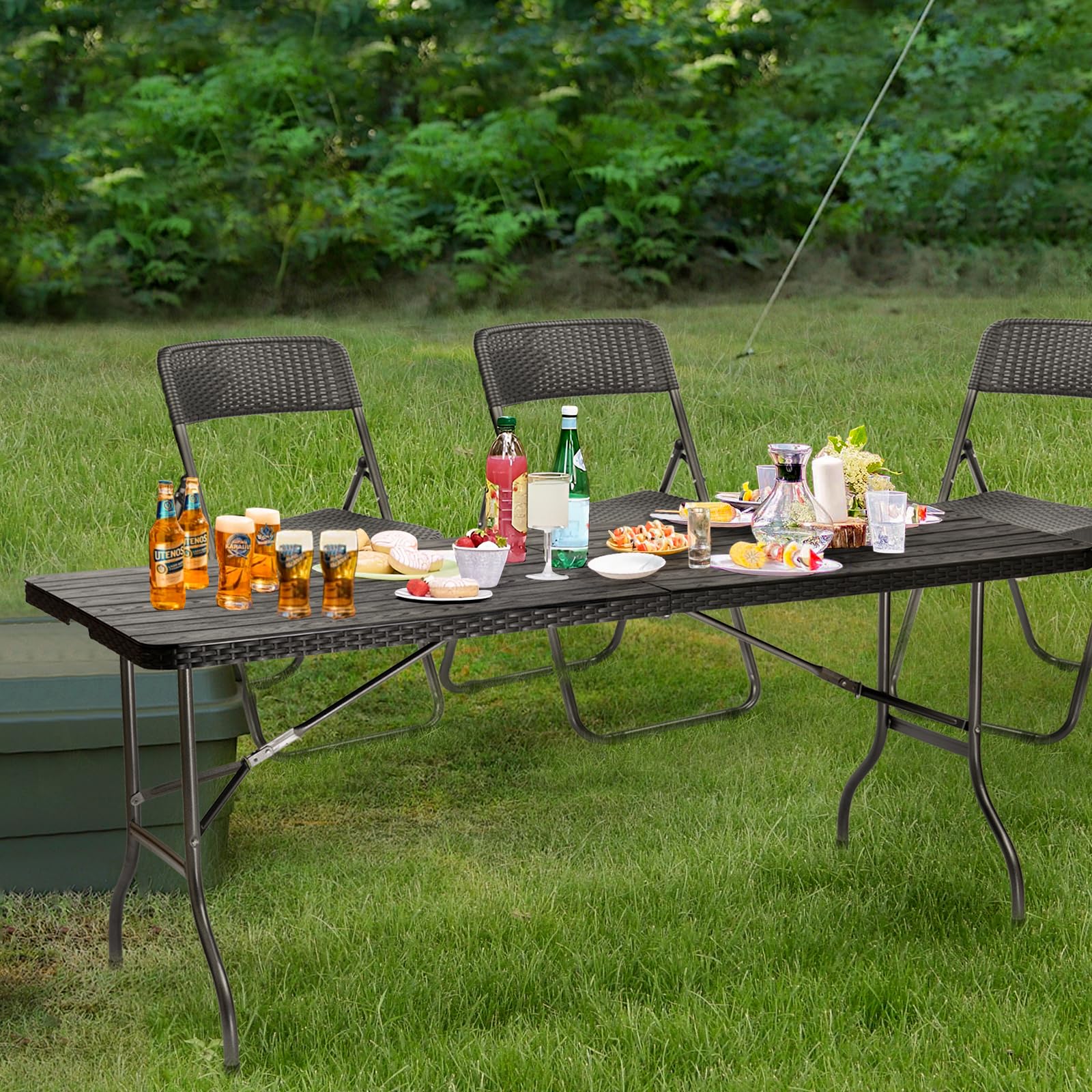 Sekey Gartentisch Klappbar Wetterfest, Holzoptik Klapptisch Campingtisch mit Tragegriff, 6 Personen Tisch Klappbar 150,5x70,5x73 cm Buffettisch Partytisch, Schwarz Garten