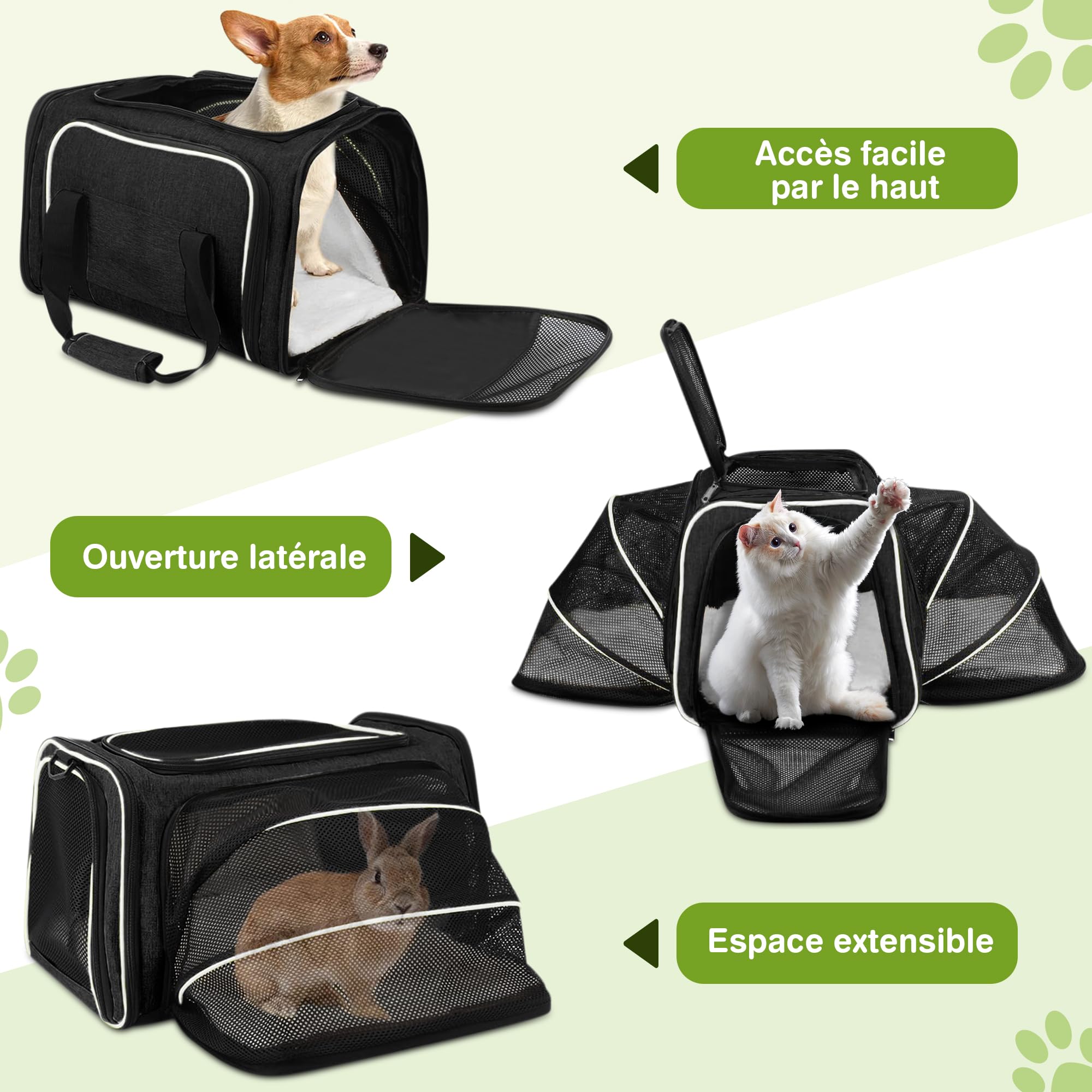 ALLSOPETS Sac de Transport Extensible pour Chat et Petit Chien, Sac Souple Pliable avec Extensions Latérales, Coussin Amovible et Poches, Transport Animaux Cabine Avion (Noir & Blanc)