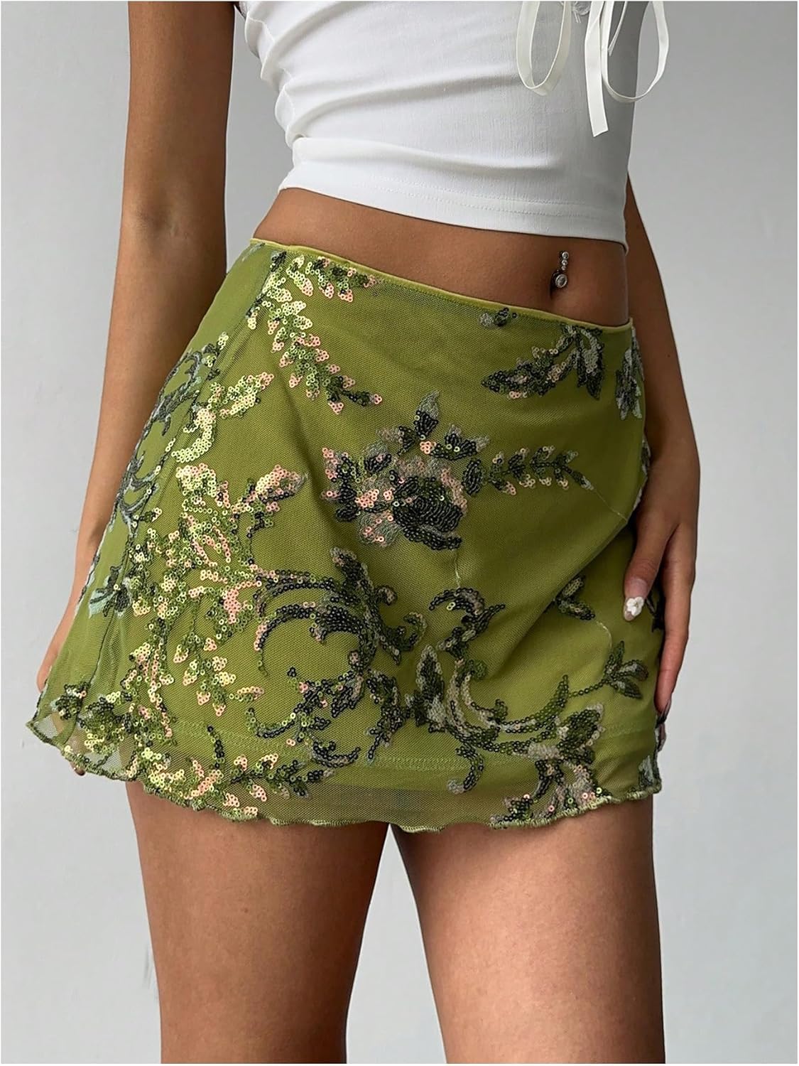 MakeMeChic Women's Sequin Skirt Summer Floral Mesh Glitter Sparkly Mini Skirt - Image 3