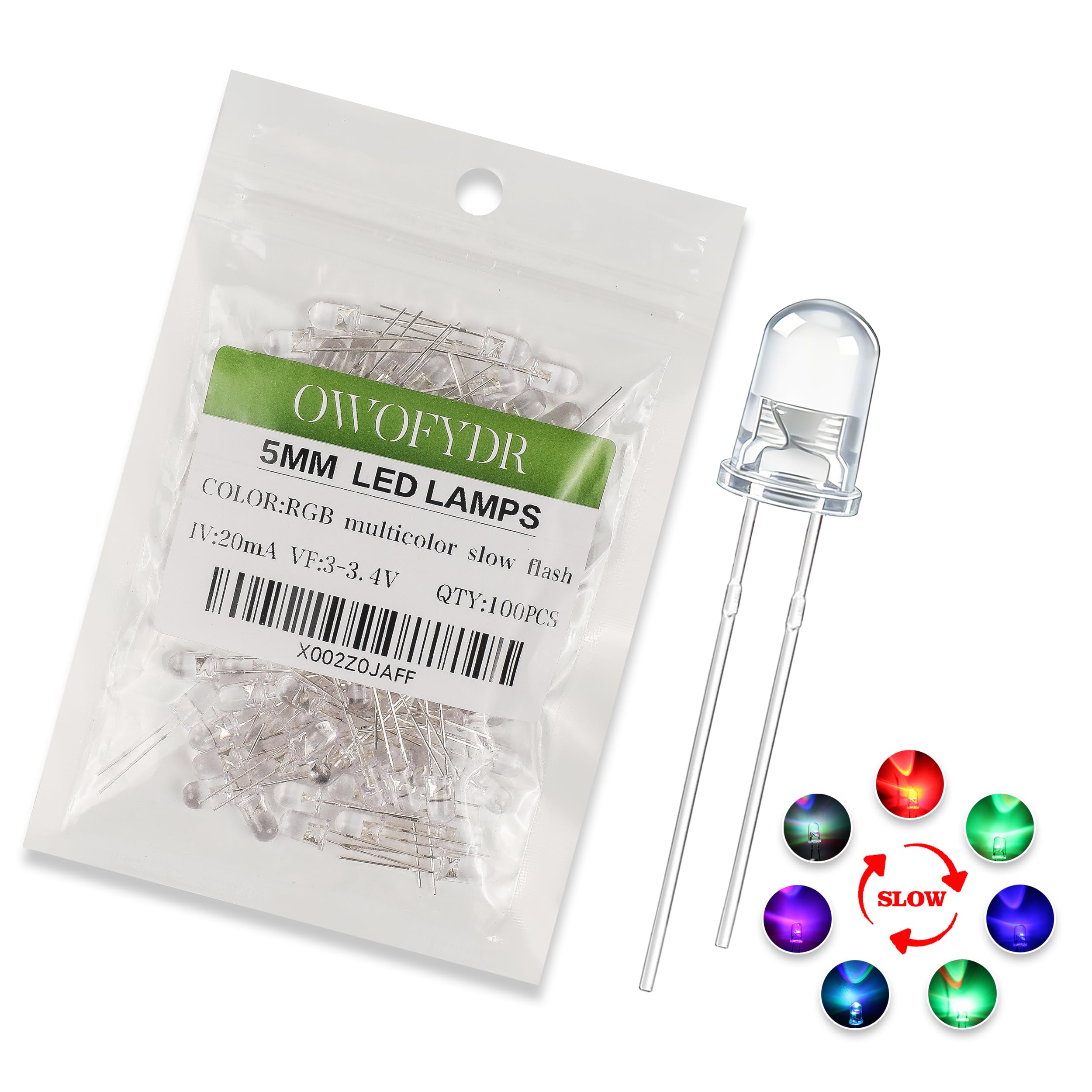 100pcs 5mm Multicolor RBG Slow Flashing Super Bright Light Emitting diode Transparent Round Diffuse Flashing LED