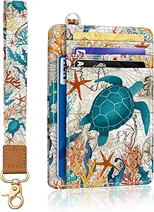Sea Turtle Credit Card Holder Slim Wallet, RFID Wallet Women Front Pocket Wristlet Lanyard, Small Card Holder Travel Cute Thin ID Window PU Leather Funny Case Organizer Gifts Girls
