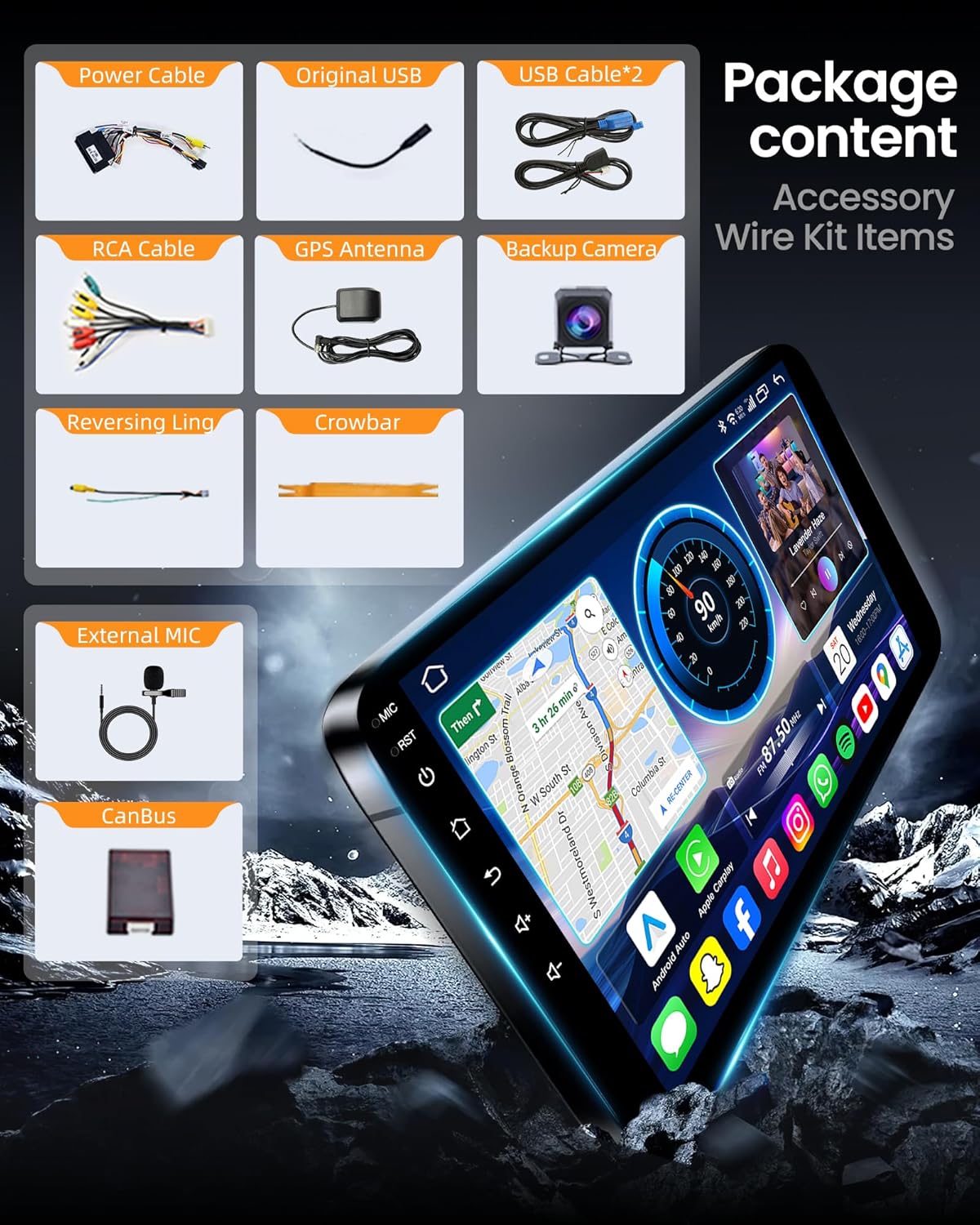Diagram showing all included accessories: main unit, camera, power cable, crowbar, USB cables, GPS antenna, microphone, camera input, Canbus, RCA cables, and original USB cable.