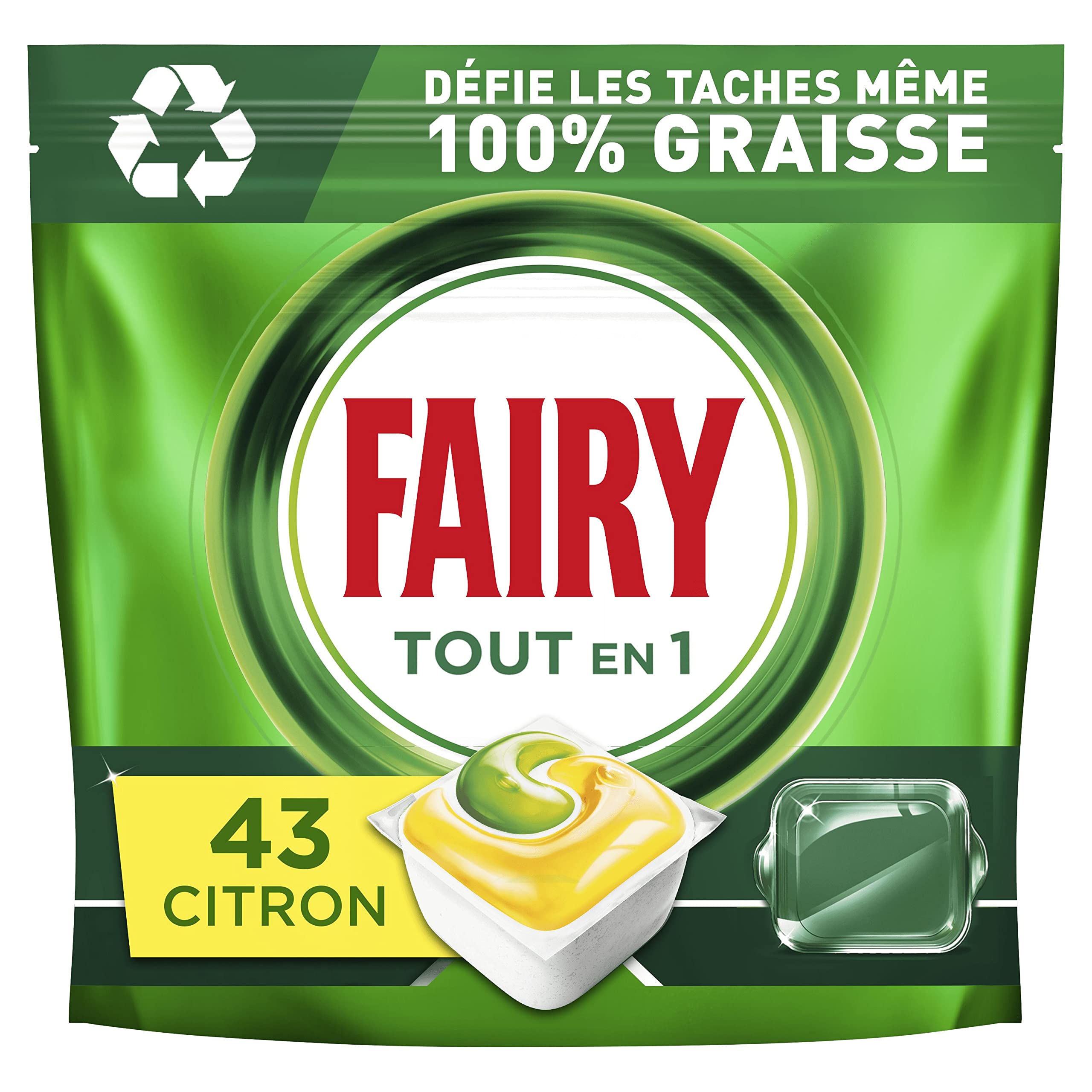 Fairy Original Tablettes Lave-vaisselle All In One, Citron, 43 Capsules, Efficaces Même Sur La Graisse Incrustée