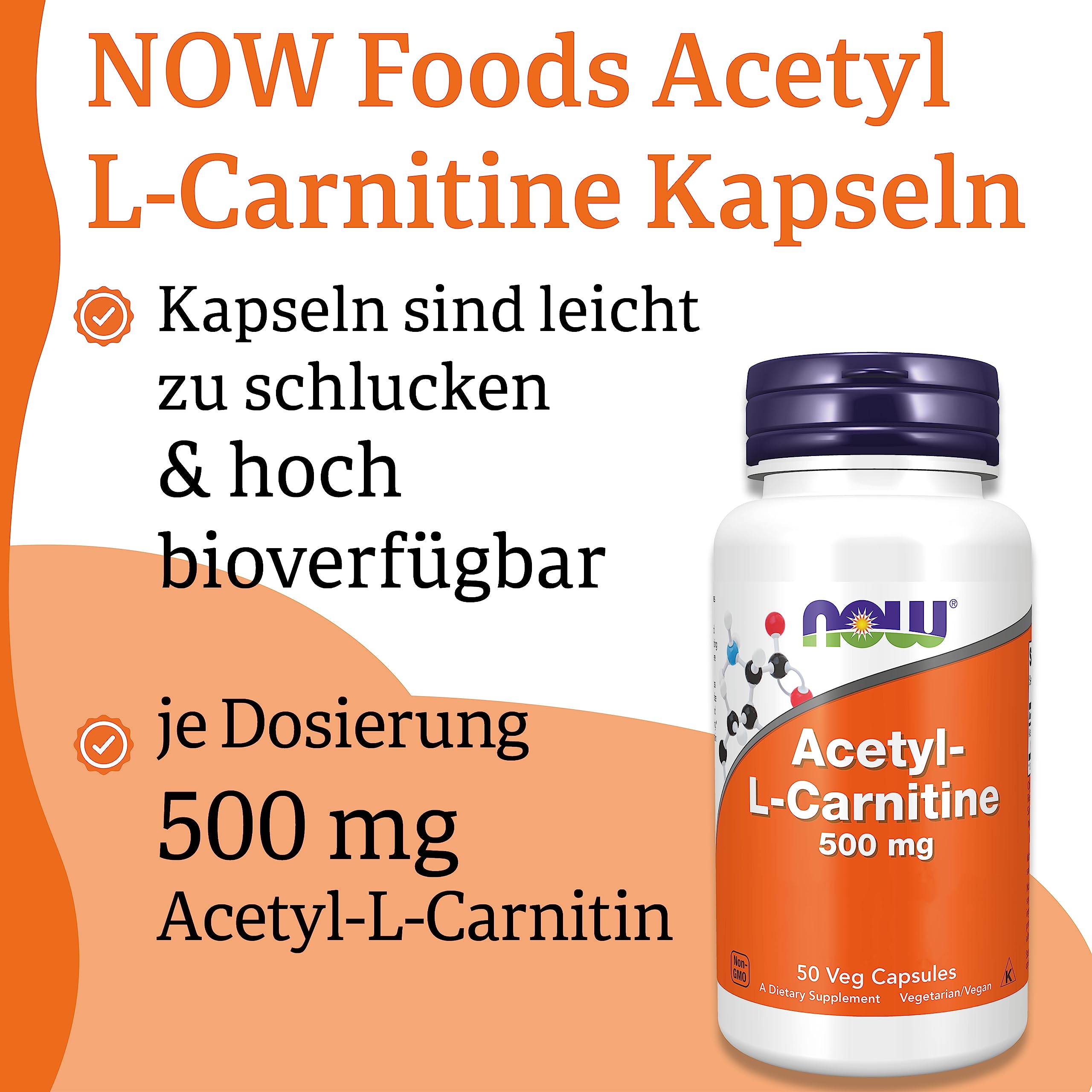 Now Foods, Acetyl-L-Carnitin, 500 mg, 50 vegane Kapseln, Laborgeprüft, Aminosäure, Glutenfrei, Sojafrei, Vegetarisch