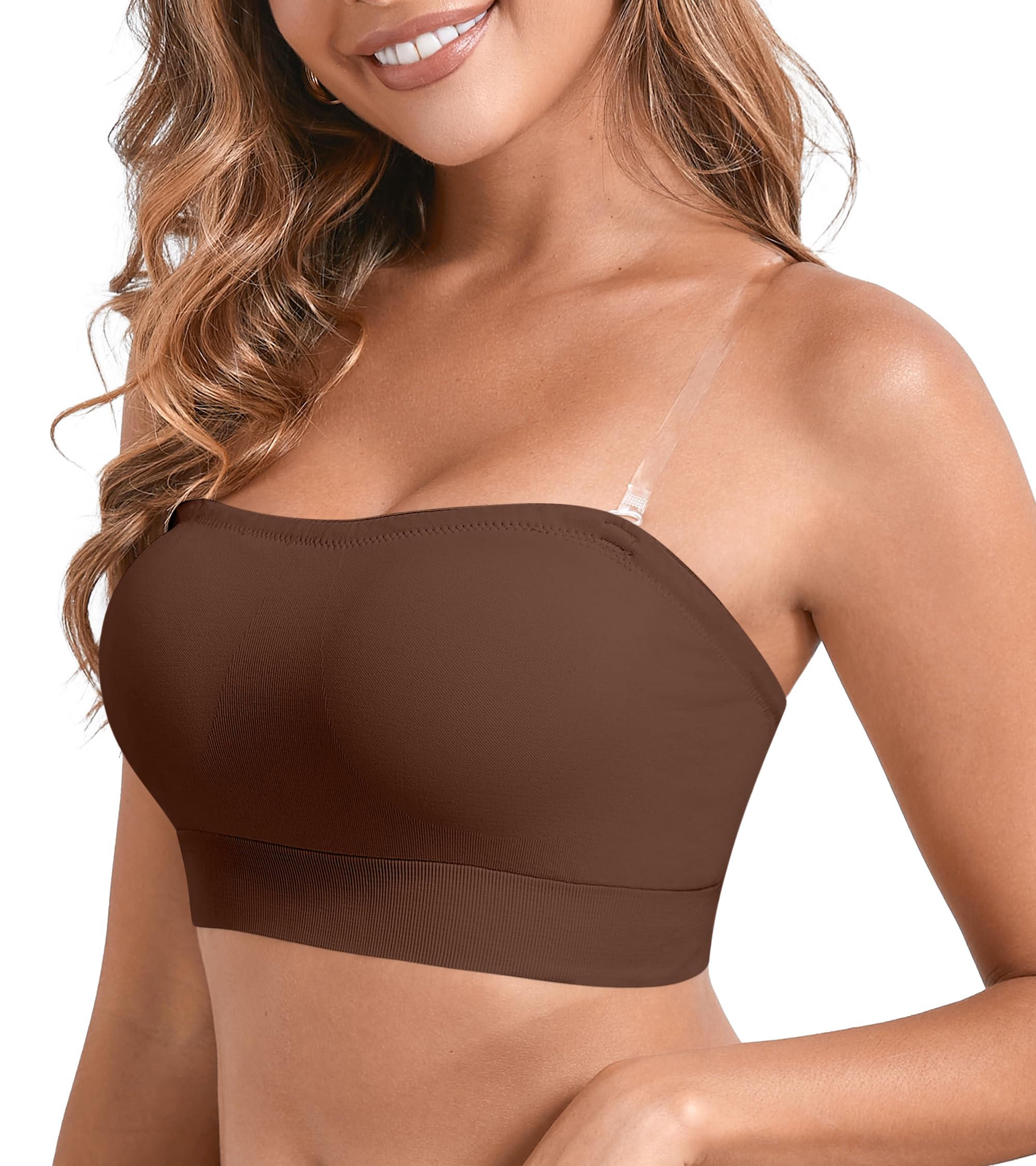 DEANGELMON Strapless Bras for Women Wireless Push Up Non-Slip Bandeau Bra Seamless Clear Straps TubeTop Padded Bralette