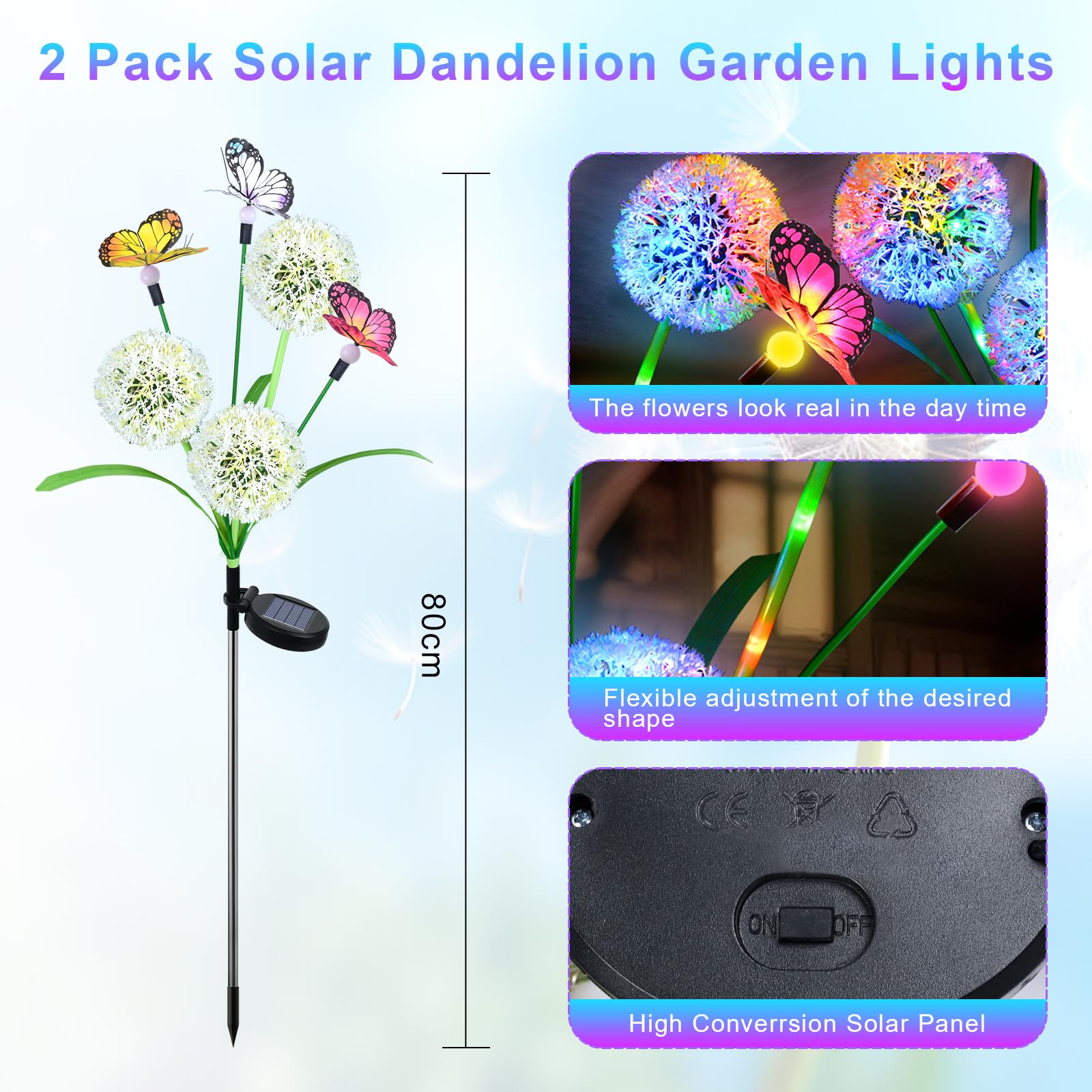 Solar Lights Outdoor Garden, 2 Pack Dandelion with Butterfly Lights, Waterproof Solar Powered Garden Pathway Light Outdoor - Image 2