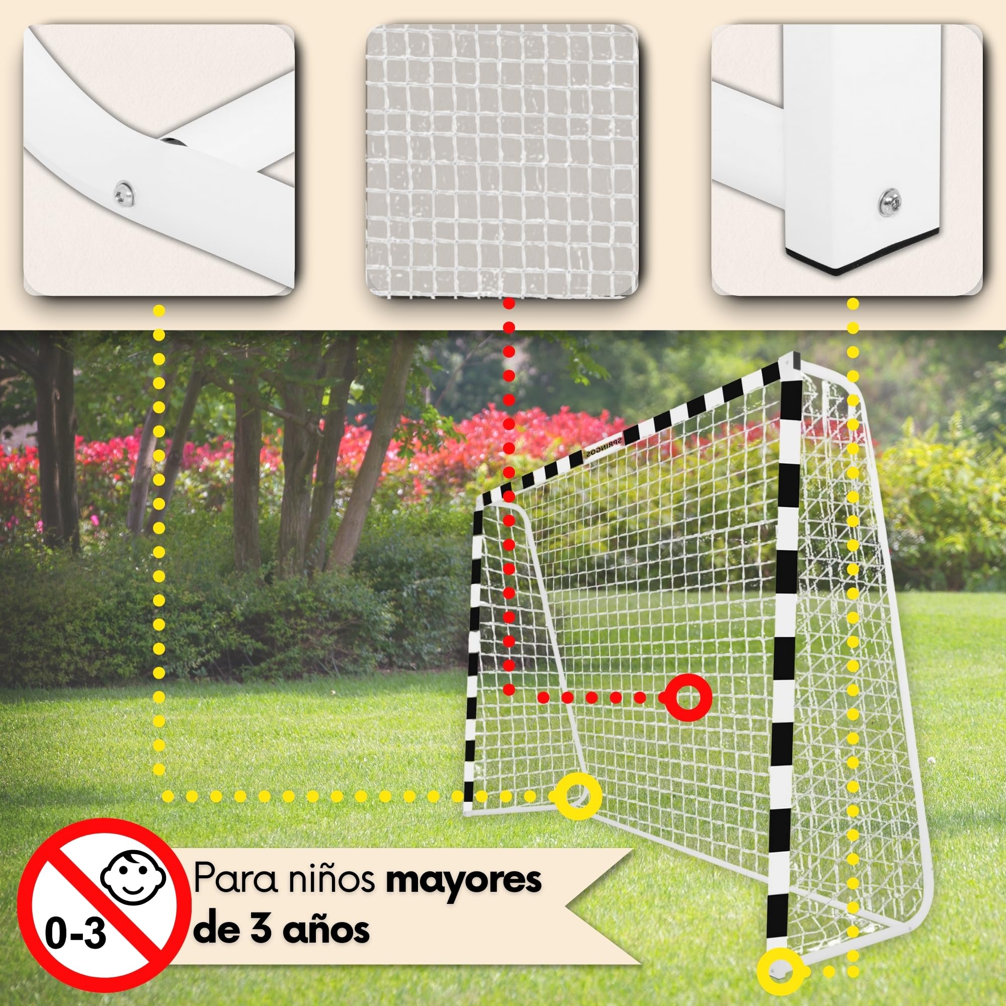 SPRINGOS Portería de fútbol con red de fútbol, 300 x 200 cm, de acero,Blanco