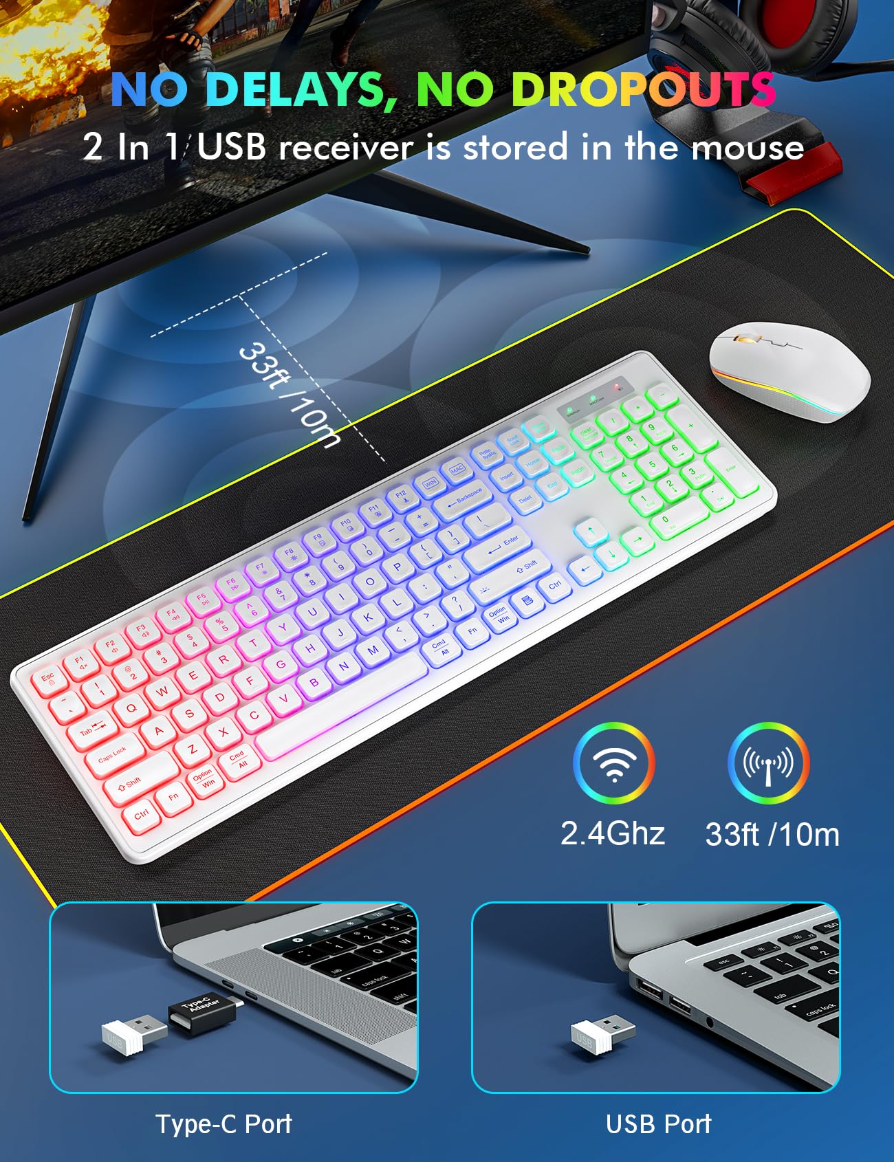 Clavier et souris sans fil – Rétroéclairé RVB, lettres rechargeables et lumineuses, pleine taille, angle d'inclinaison ergonomique, mode veille, clavier silencieux 2,4 GHz pour Mac, Windows,