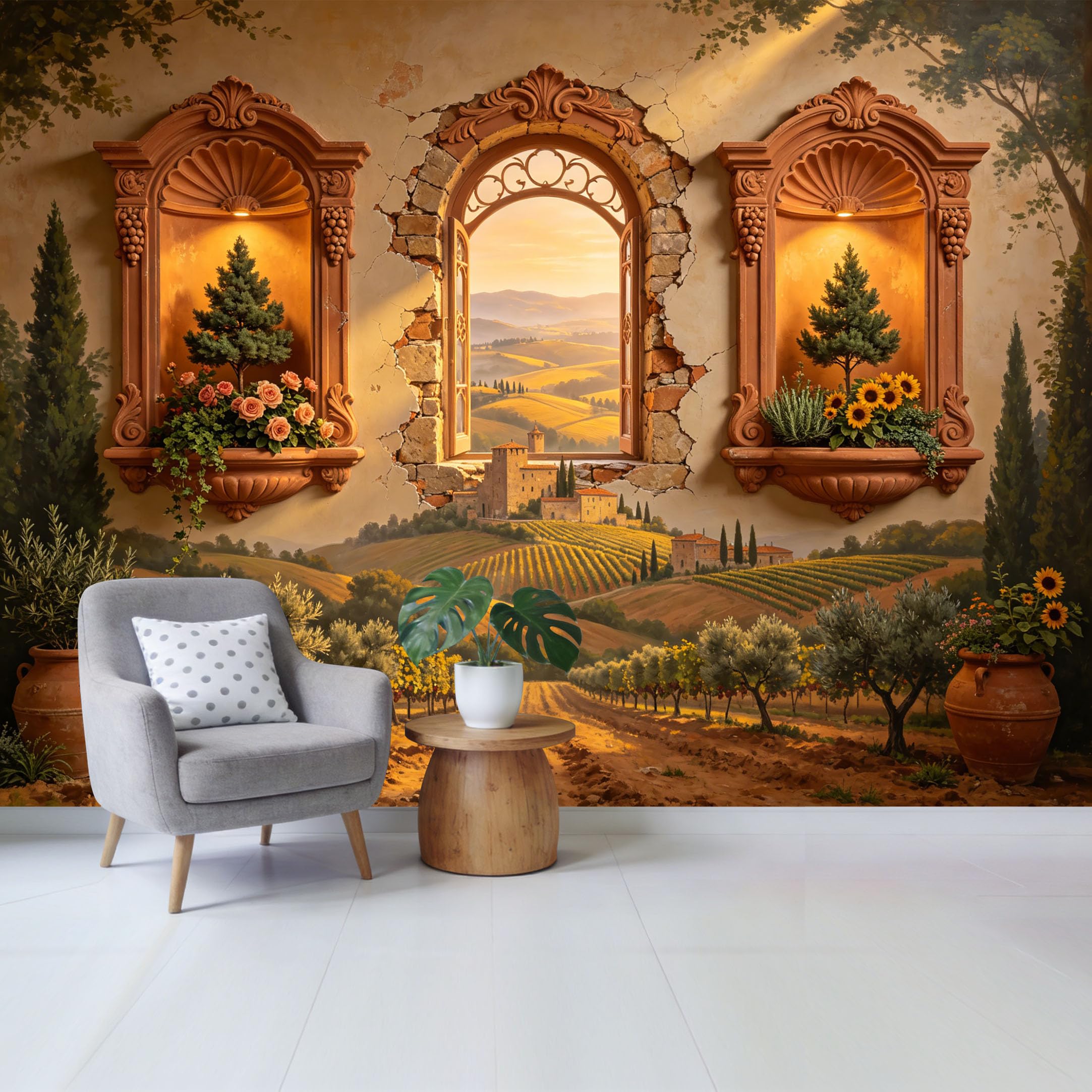 Removable Self Adhesive Fabric Mural， Tuscan Landscape Vineyard Custom Size Wall Covering， UV Protected Waterproof Washable Wall Decor for Living Room Bedroom Bathroom