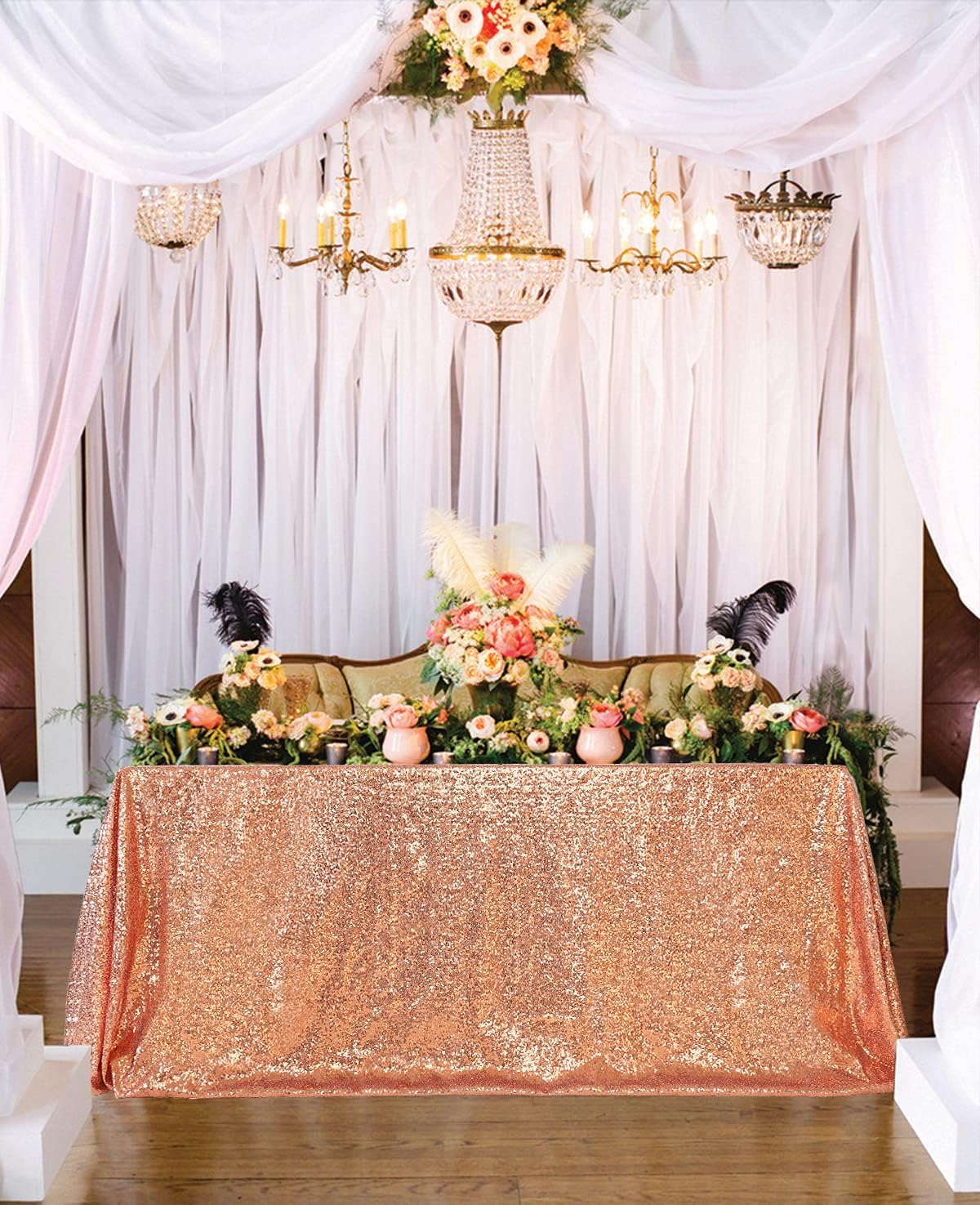MoKoHouse Rose Gold Sequin Tablecloth 90x132 Inch Table Cloths Rectangle Sparkly Drape Table Cover Overlay for Birthday Wedding Engagement Party Baby Bridal Shower