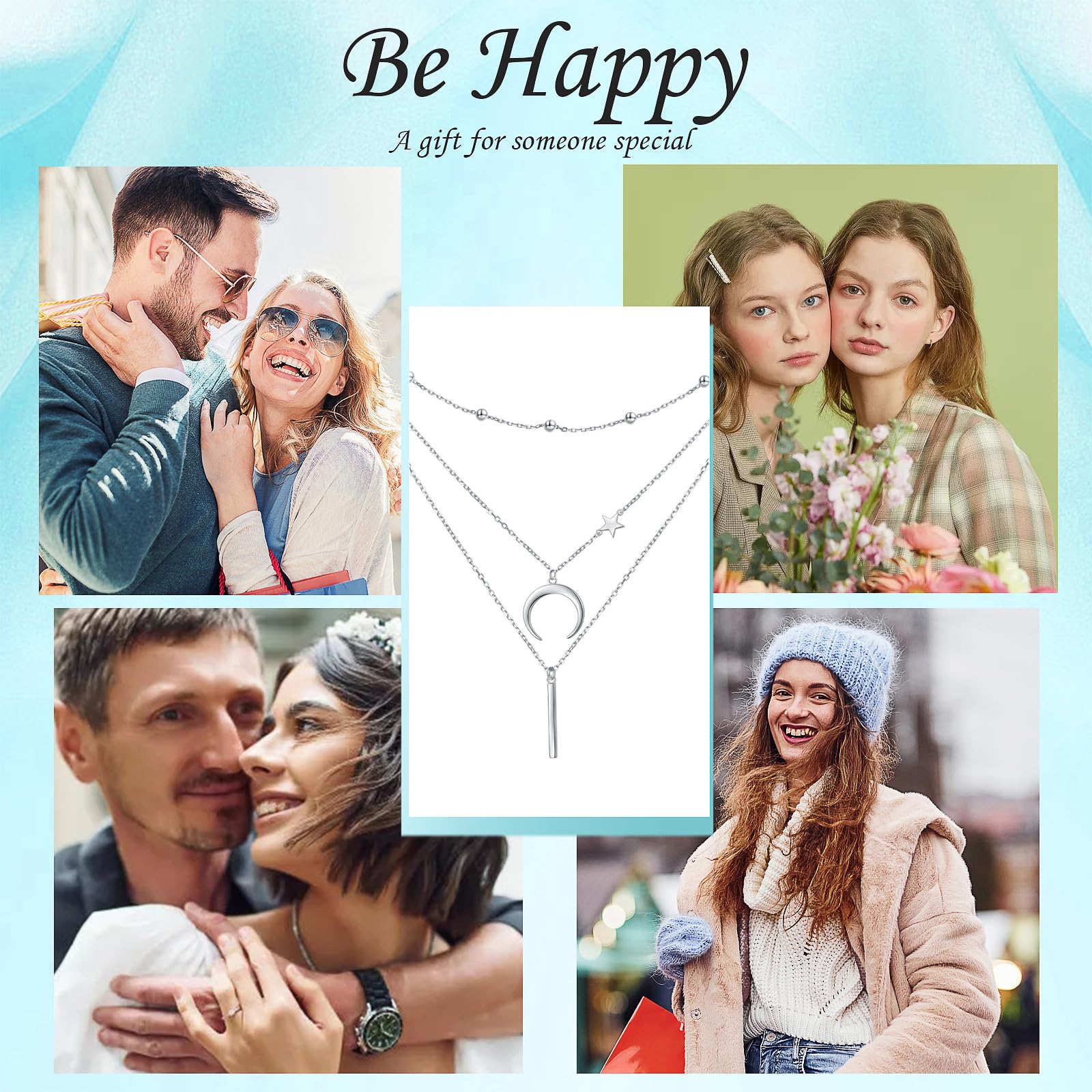 Collane a strati da donna in argento Sterling 925 multistrato collana con ciondolo a forma di stella a mezzaluna bar per donne collana lunga gioielli da donna, Argento sterling